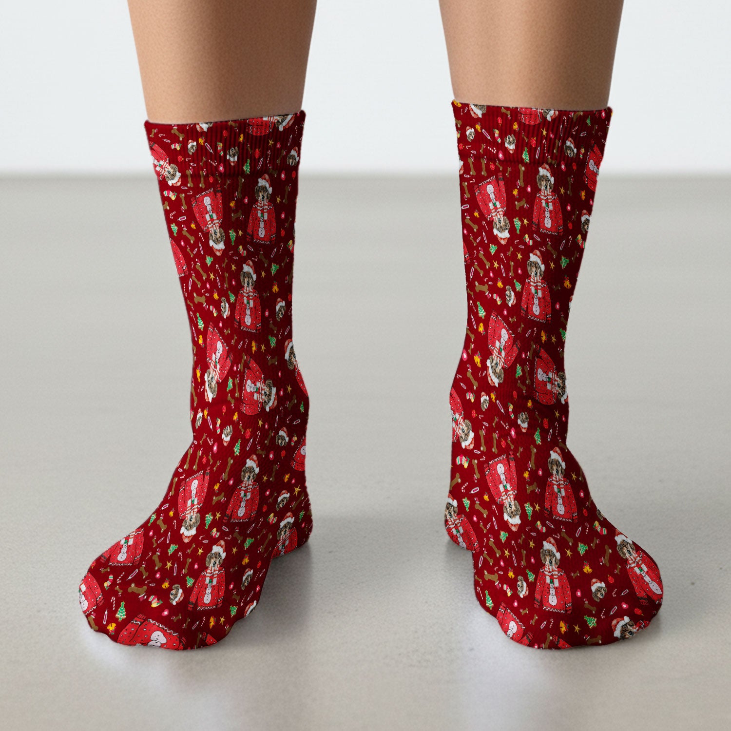 Funny Dog Christmas Socks – Cute Puppy in Santa Outfit Pattern – Festive Holiday Medical Uniform For Nurses And Pet Lovers