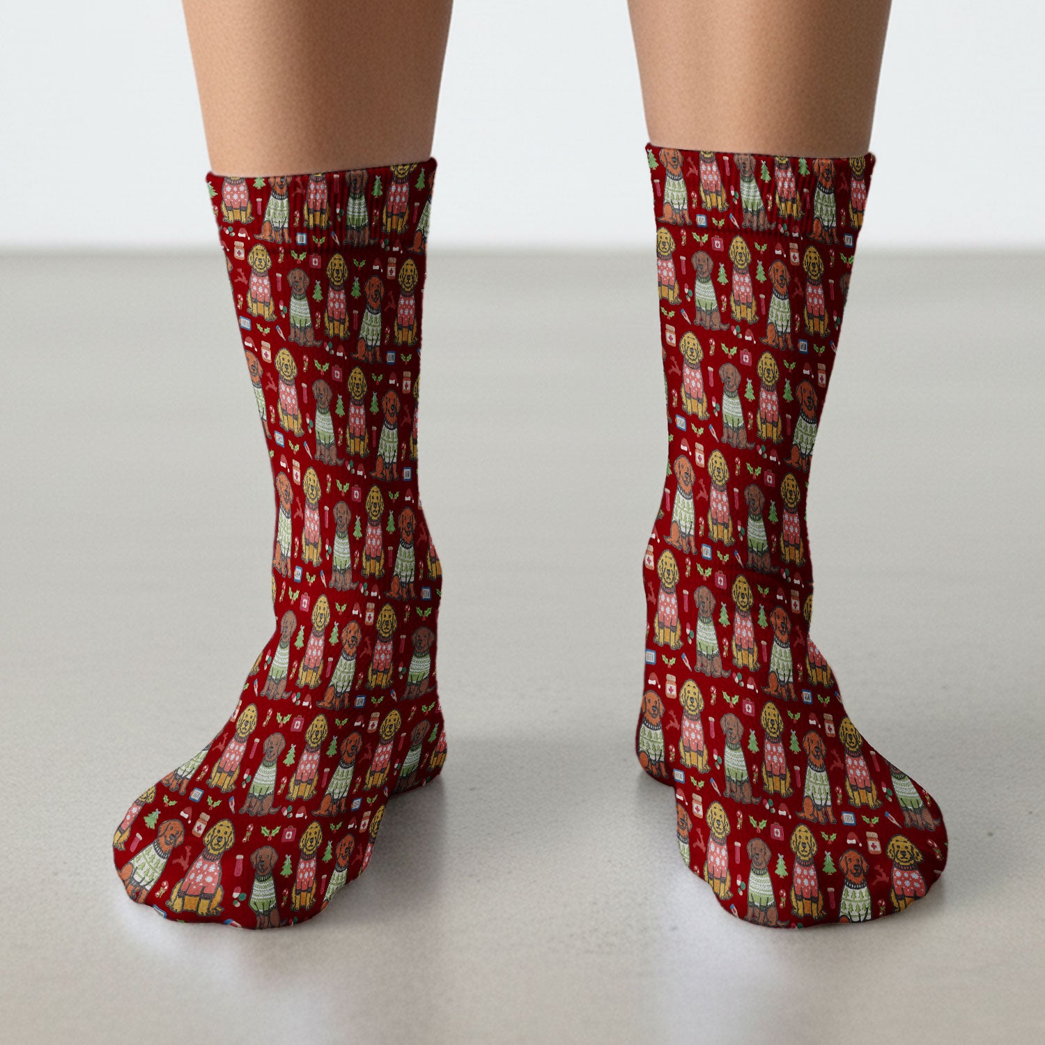Golden Retriever Christmas Scrub Socks, Cute Holiday Dog Nurse Pattern Sock, Breathable Fabrics Nursing Uniform