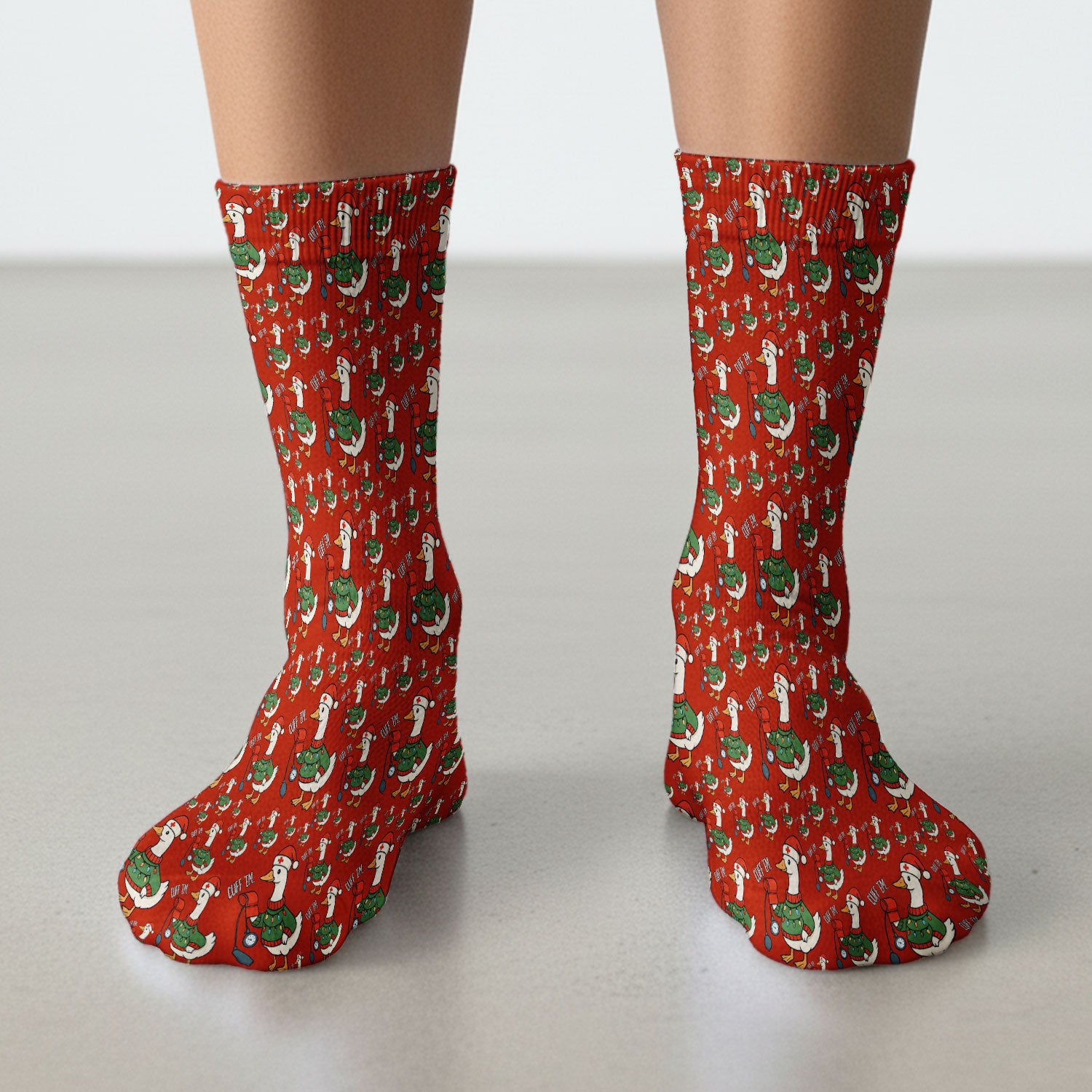 Nurse Christmas Duck Scrub Socks, Cute Goose Pattern Scrub Sock, RN LPN CNA Nursing Uniform