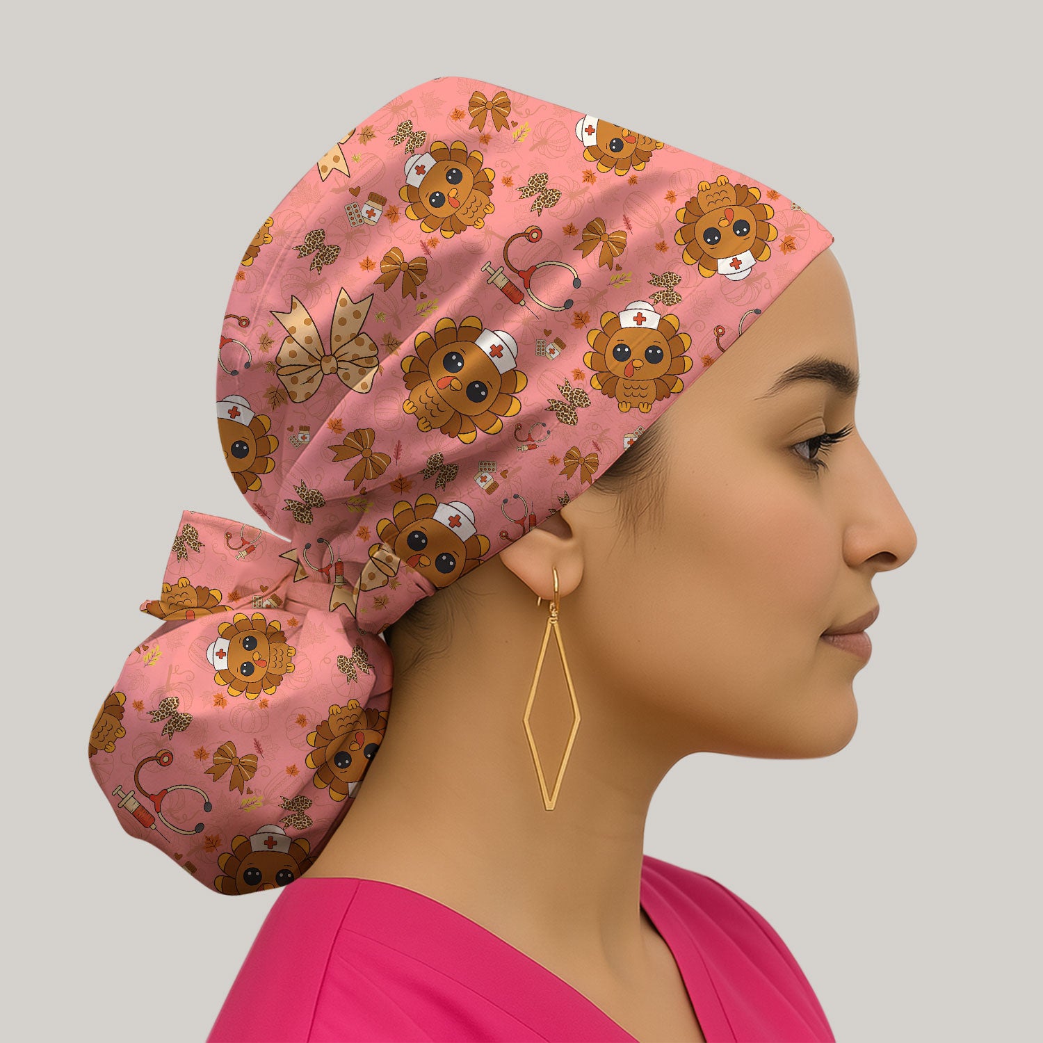 Thanksgiving Bouffant Scrub Caps for Women - Fall Leaves and Bow Holiday Nursing Gift - Breathable Fabrics Caps Uniform