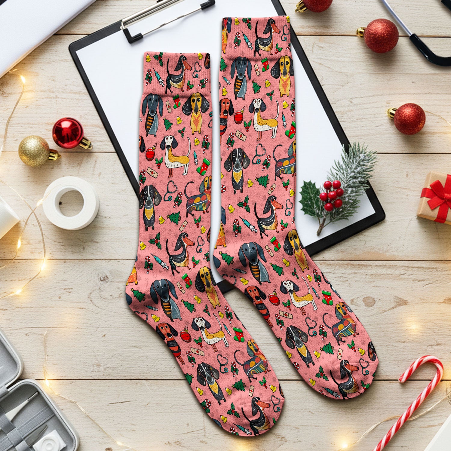 Christmas Wiener Dog Socks for Nurse Doctor - Dachshund Adult Socks for Men and Women - Breathable Fabrics Medical Uniform
