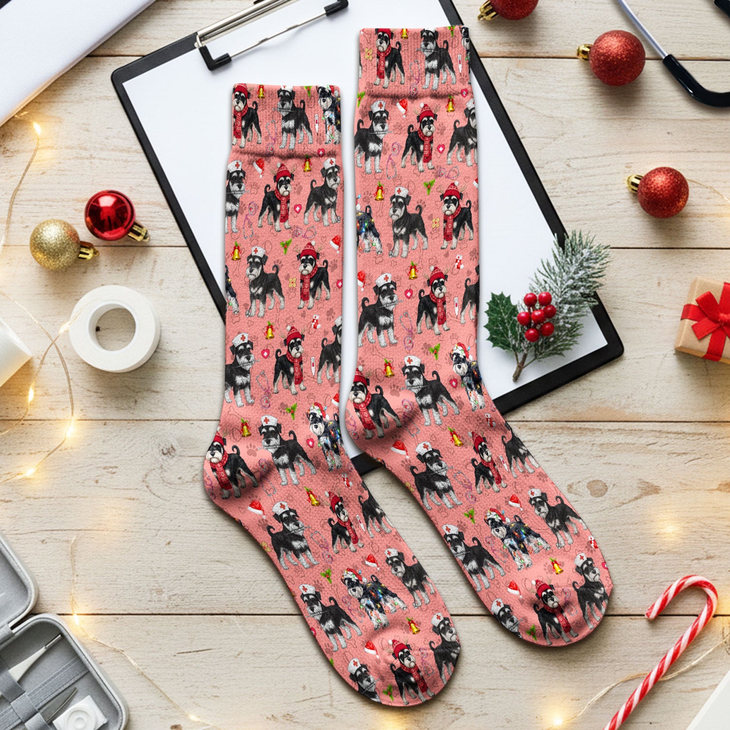 Christmas Schnauzer Socks for Nurse Doctor - Cute Dog Holiday Adult Socks for Men and Women - Breathable Fabrics Medical Uniform