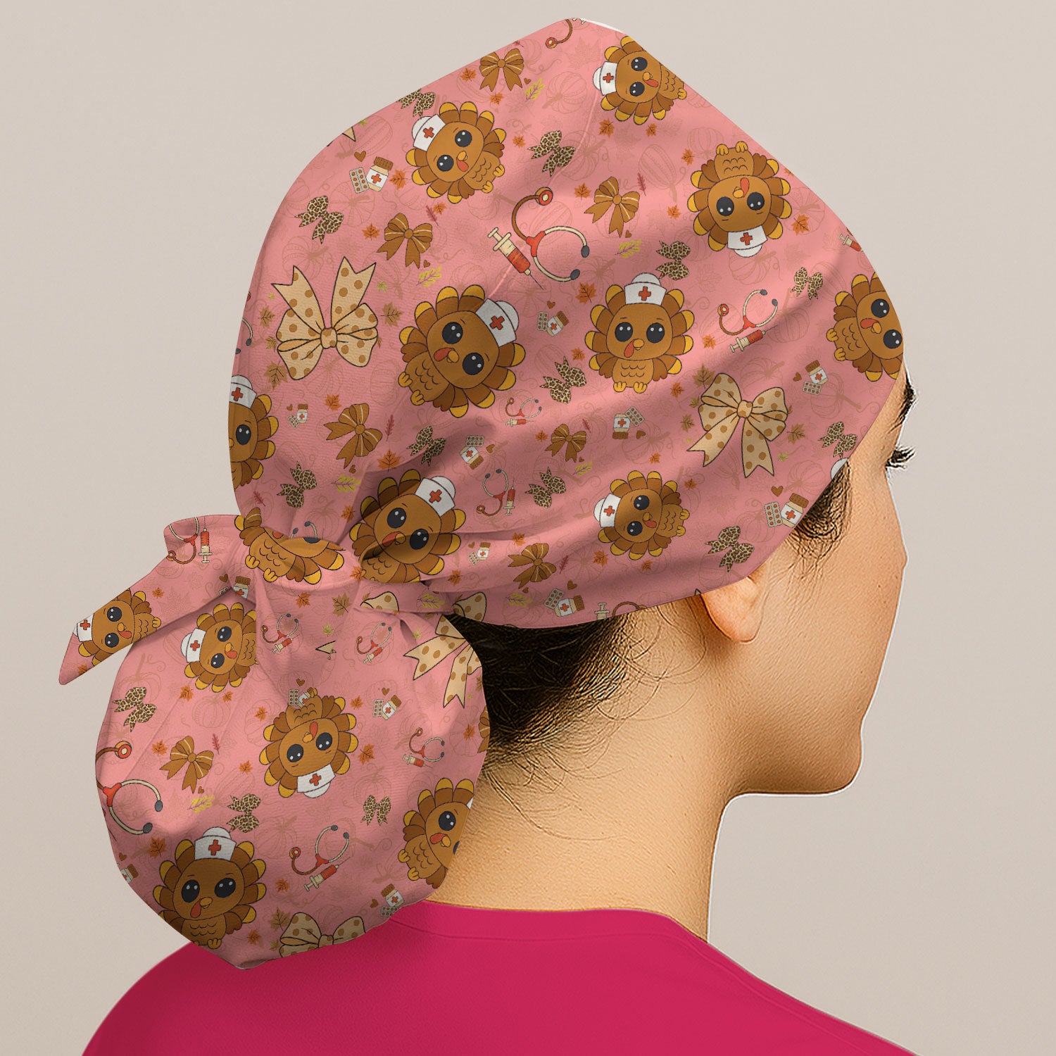 Thanksgiving Bouffant Scrub Caps for Women - Fall Leaves and Bow Holiday Nursing Gift - Breathable Fabrics Caps Uniform