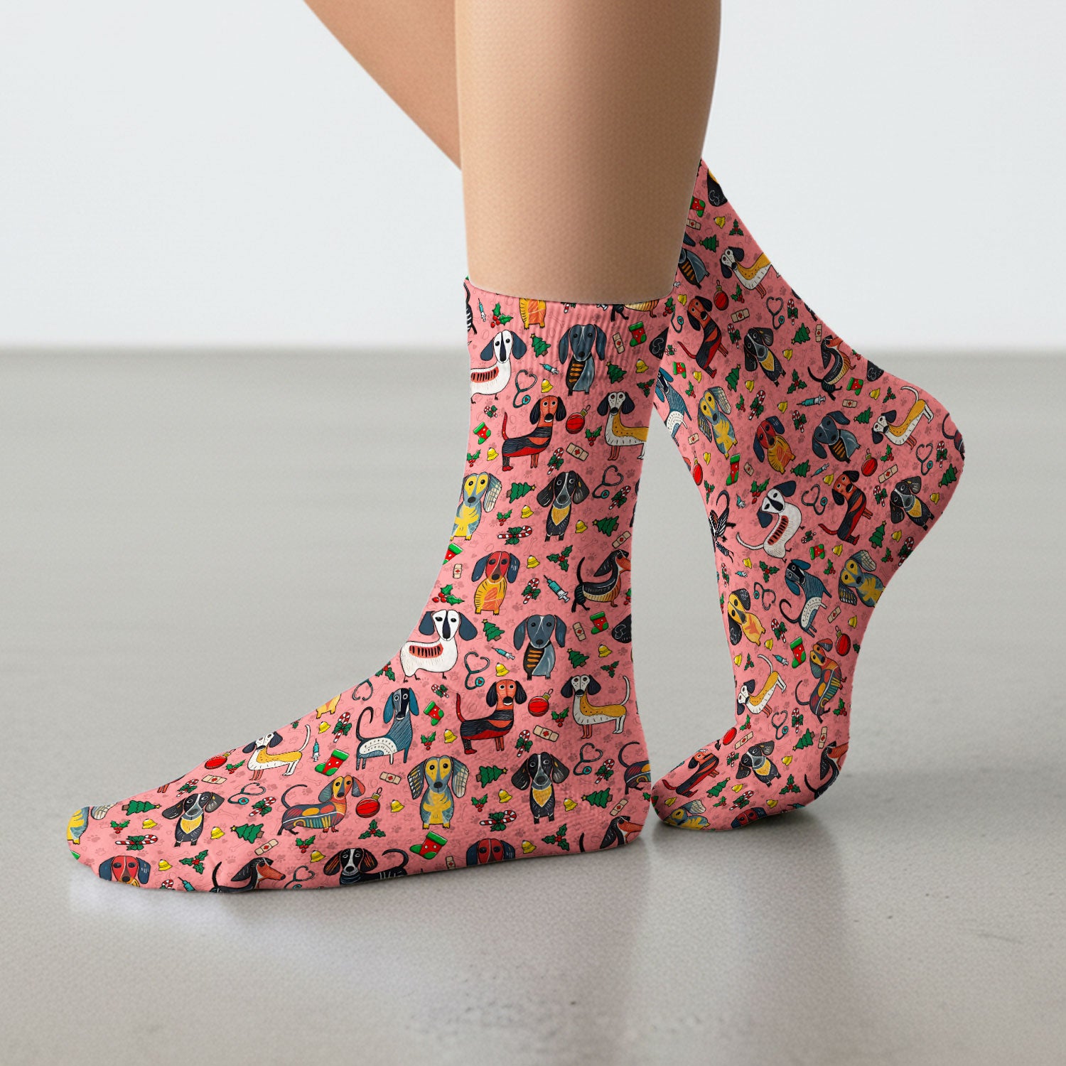 Christmas Wiener Dog Socks for Nurse Doctor - Dachshund Adult Socks for Men and Women - Breathable Fabrics Medical Uniform