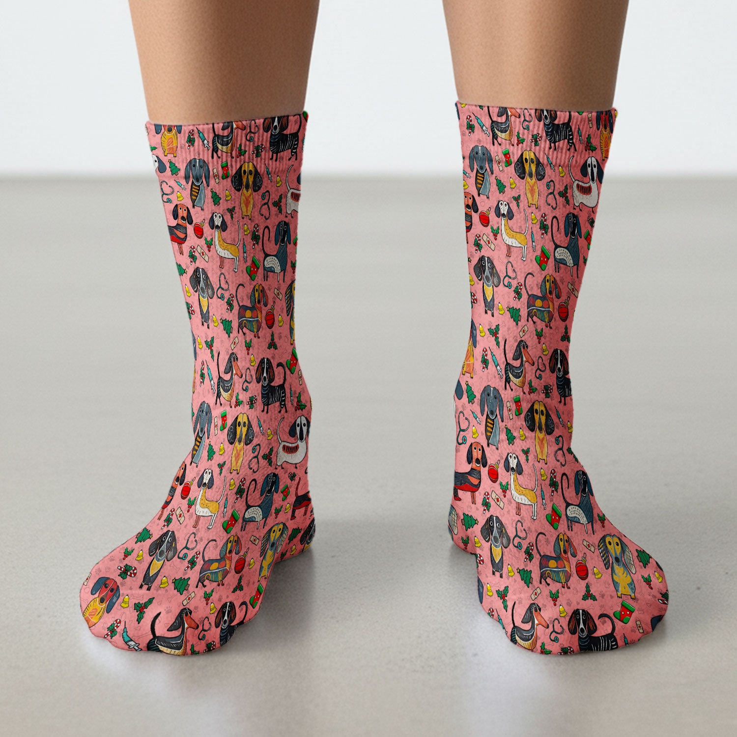 Christmas Wiener Dog Socks for Nurse Doctor - Dachshund Adult Socks for Men and Women - Breathable Fabrics Medical Uniform