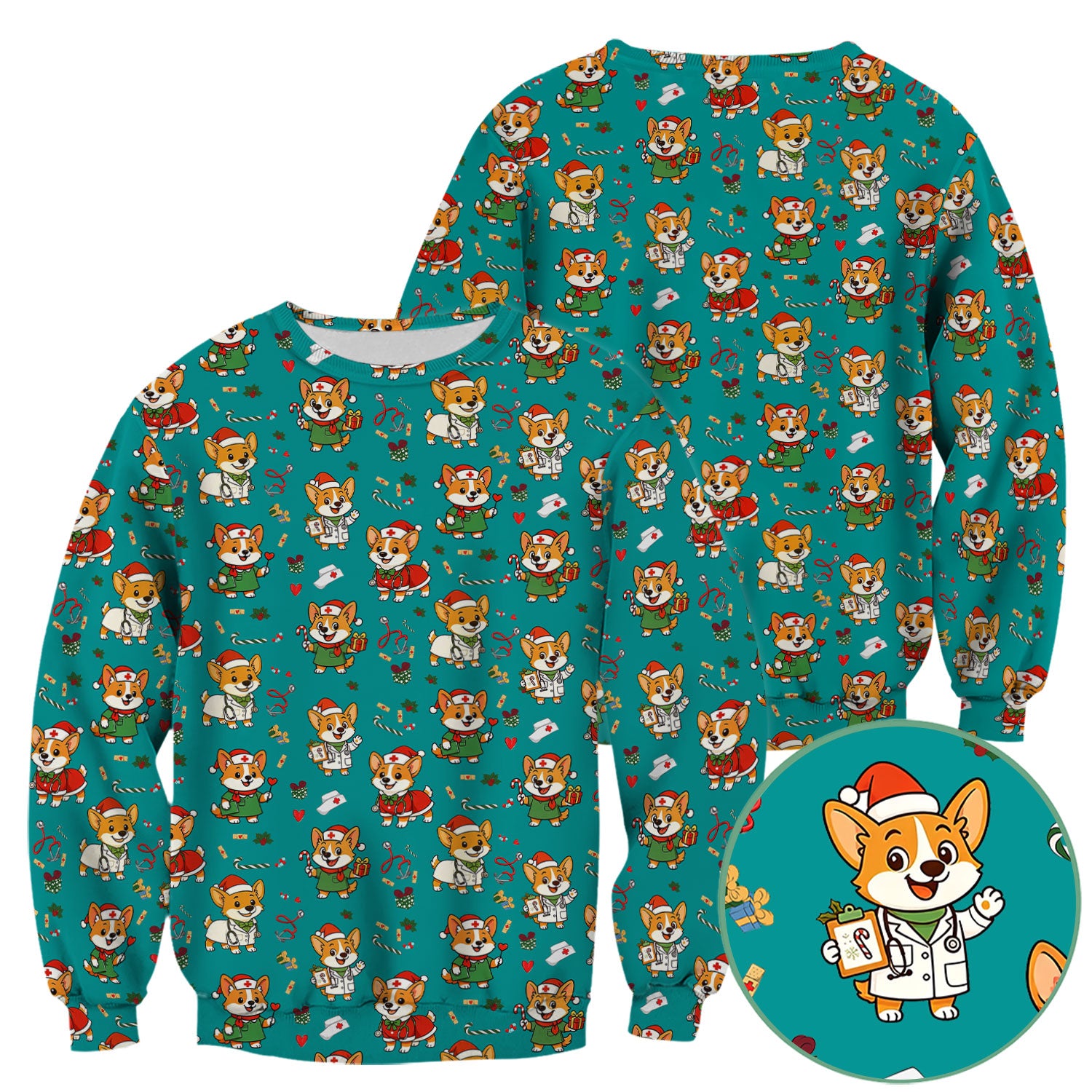 Cute Christmas Corgi Scrub Top - Cute Holiday Dog Nurse Uniform - Funny Medical Top Gift for RN CNA LPN Nursing Students