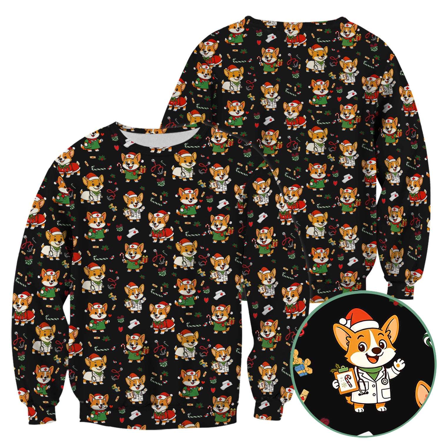 Cute Christmas Corgi Scrub Top - Cute Holiday Dog Nurse Uniform - Funny Medical Top Gift for RN CNA LPN Nursing Students
