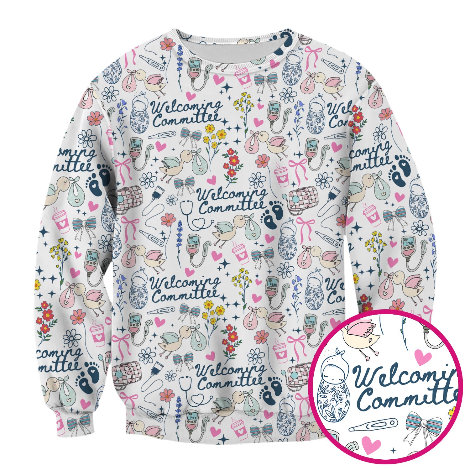 Funny NICU Nurse Tee - Cute Baby Feet & Floral Stork Pattern Graphic - Gift for Women RN LPN