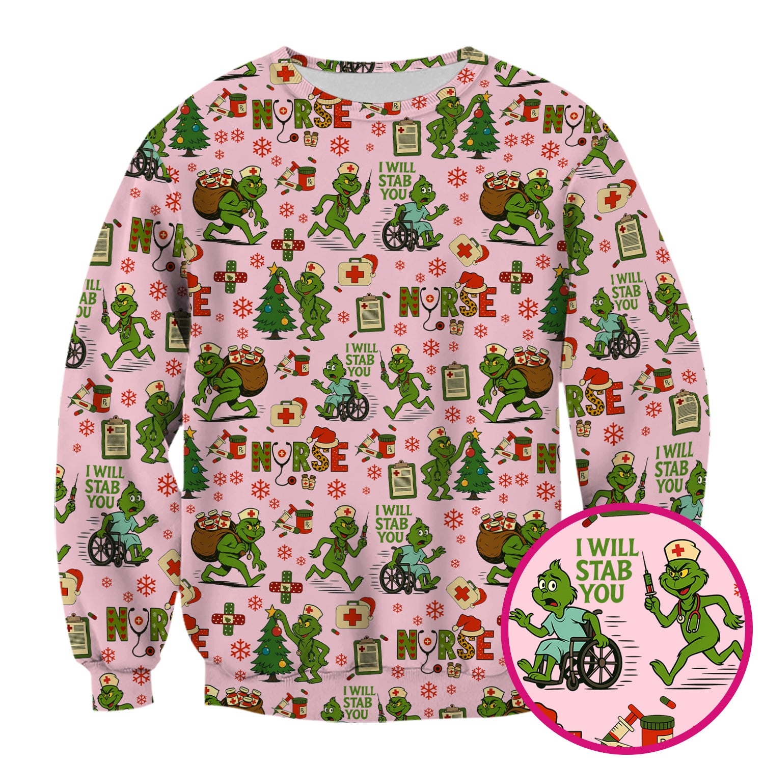 Funny Grinch Nurse Scrub Top for Women - Christmas Scrub Shirt with I Will Stab You Quote - Cute Holiday Nursing Work Shirt with Pockets