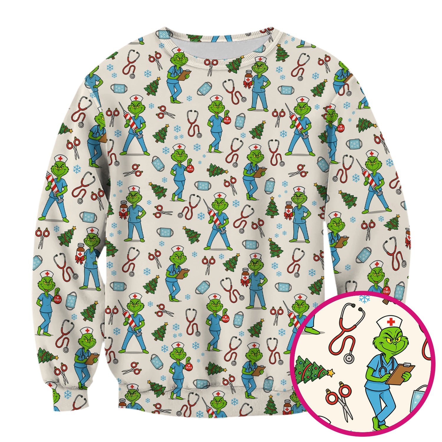 Christmas Grinch Nurse Scrub Top - Funny Holiday Medical Uniform for Women - RN LPN CNA Gift