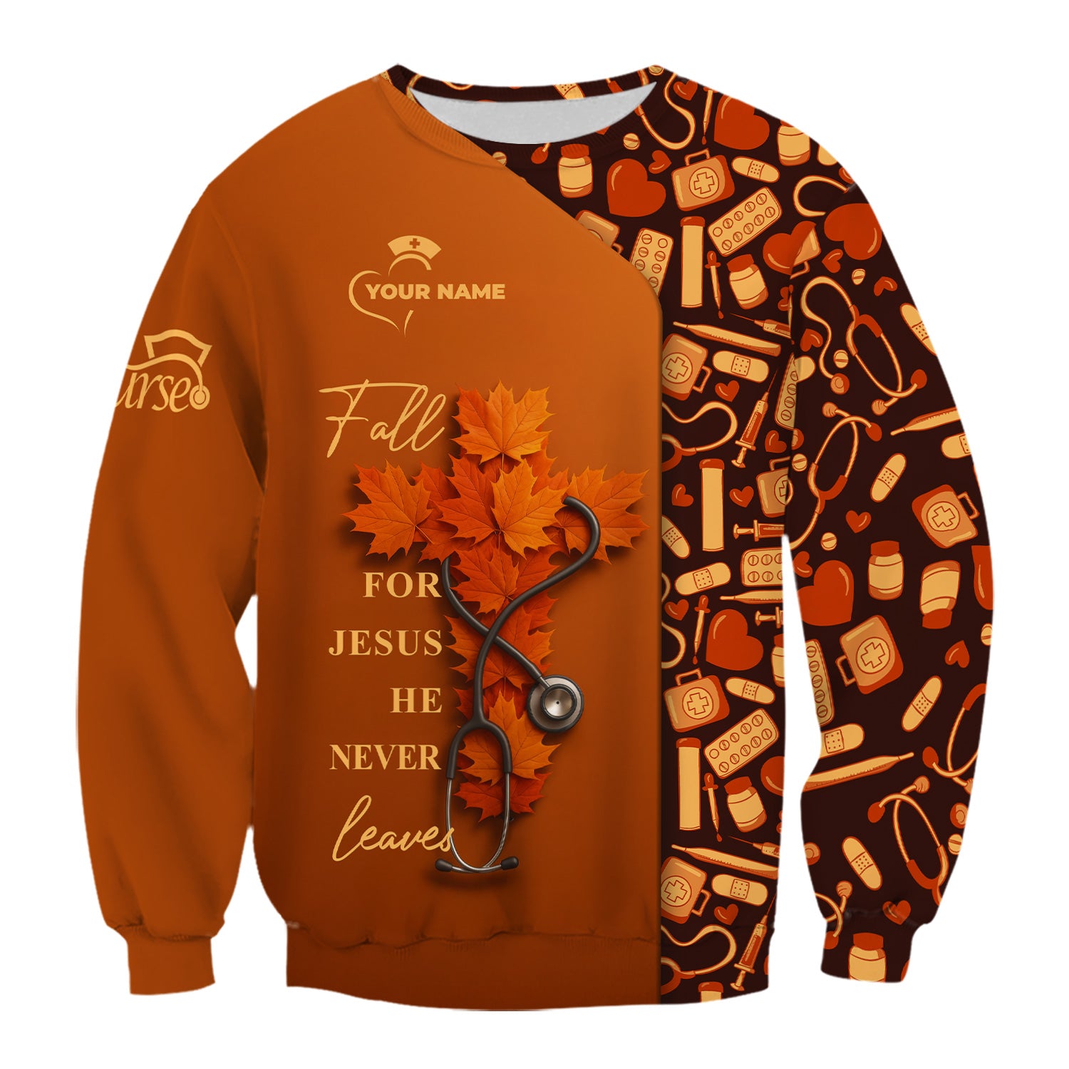Custom Christian Nurse Scrub Top - Fall For Jesus He Never Leaves - Gift for RN LPN CNA Healthcare Workers
