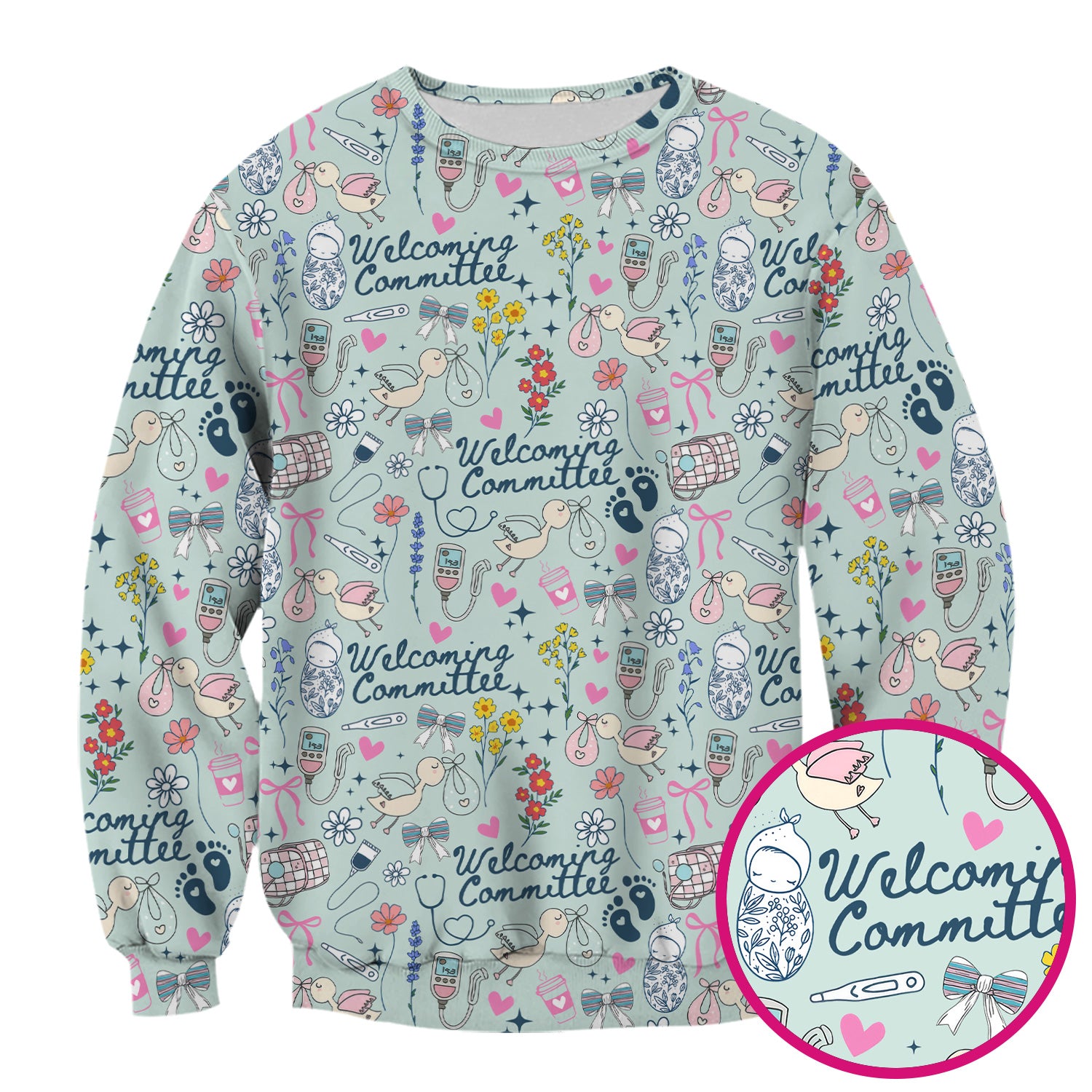 Funny NICU Nurse Tee - Cute Baby Feet & Floral Stork Pattern Graphic - Gift for Women RN LPN