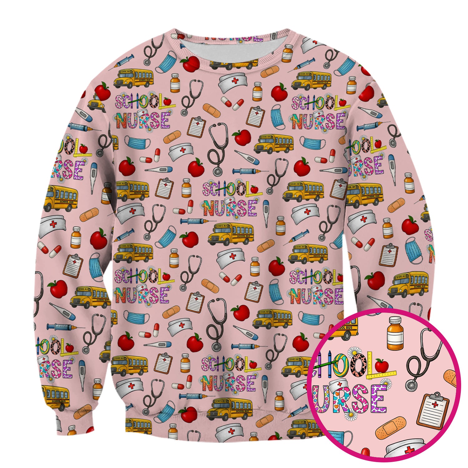 Cute School Nurse Scrub Top - Funny School Bus & Stethoscope Pattern Design - Gift for Women RN LPN