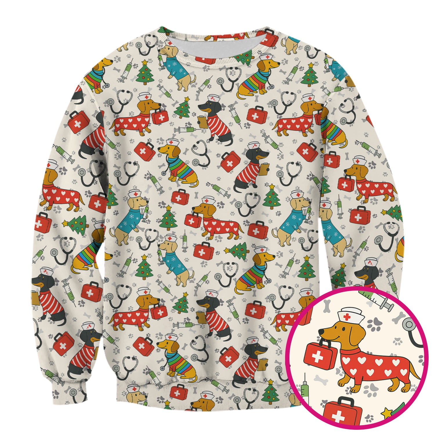 Christmas Dachshund Scrub Top - Funny Dog Nurse Scrubs Multi Color - Holiday Scrub Shirt Gift for Women Men, CNA, RN, Medical Professional
