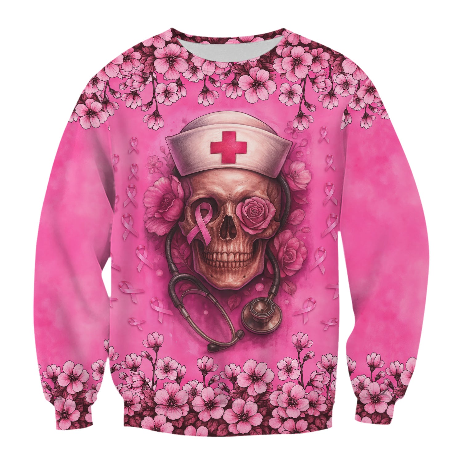 Nurse Sugar Skull Scrub Top - Floral Breast Cancer Awareness Medical Uniform - Pink Ribbon Shirt for Women - Gift for RN LPN CNA