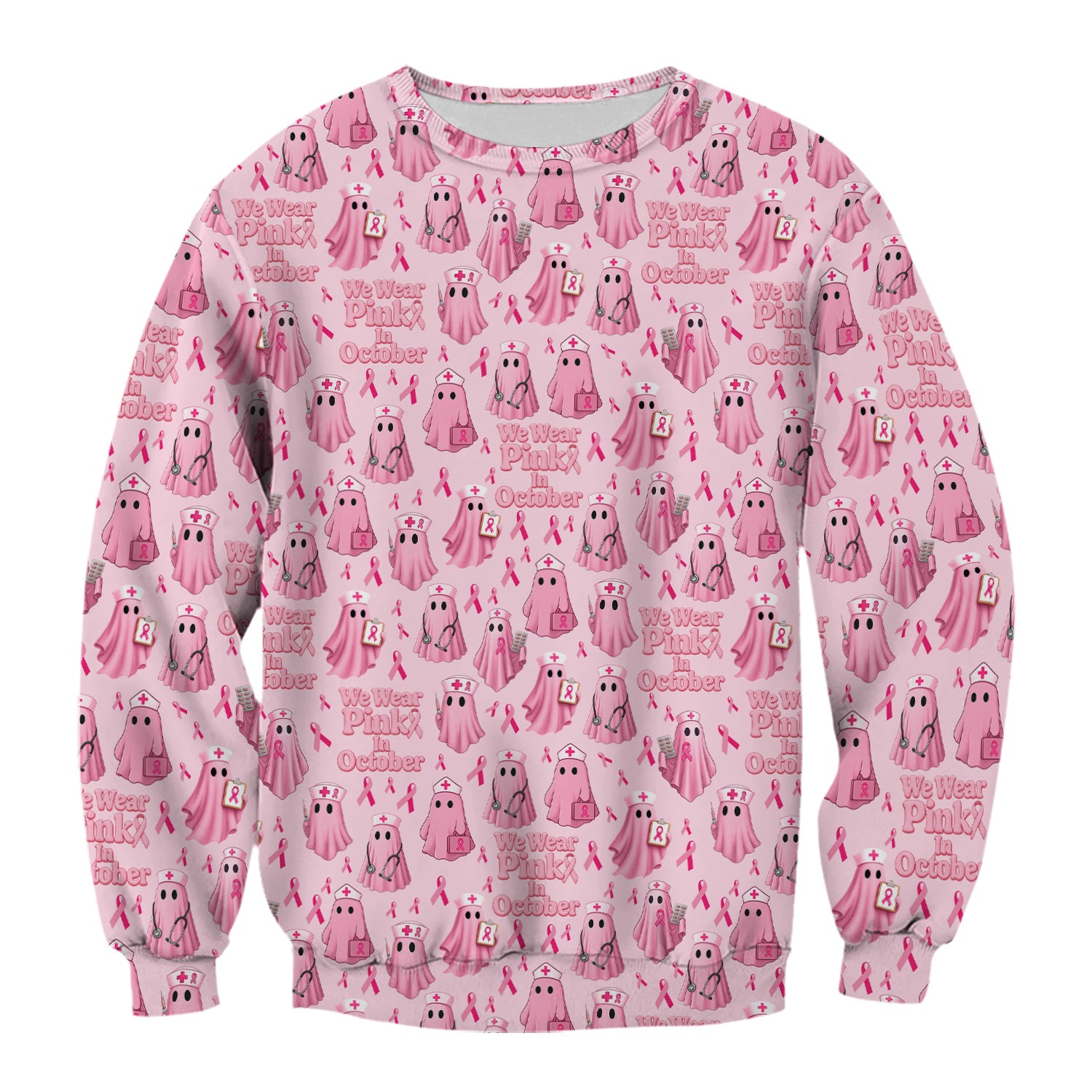 Funny Breast Cancer Awareness Scrub Top - We Wear Pink In October & Ghost Nurse Design - Gift for RN LPN CNA