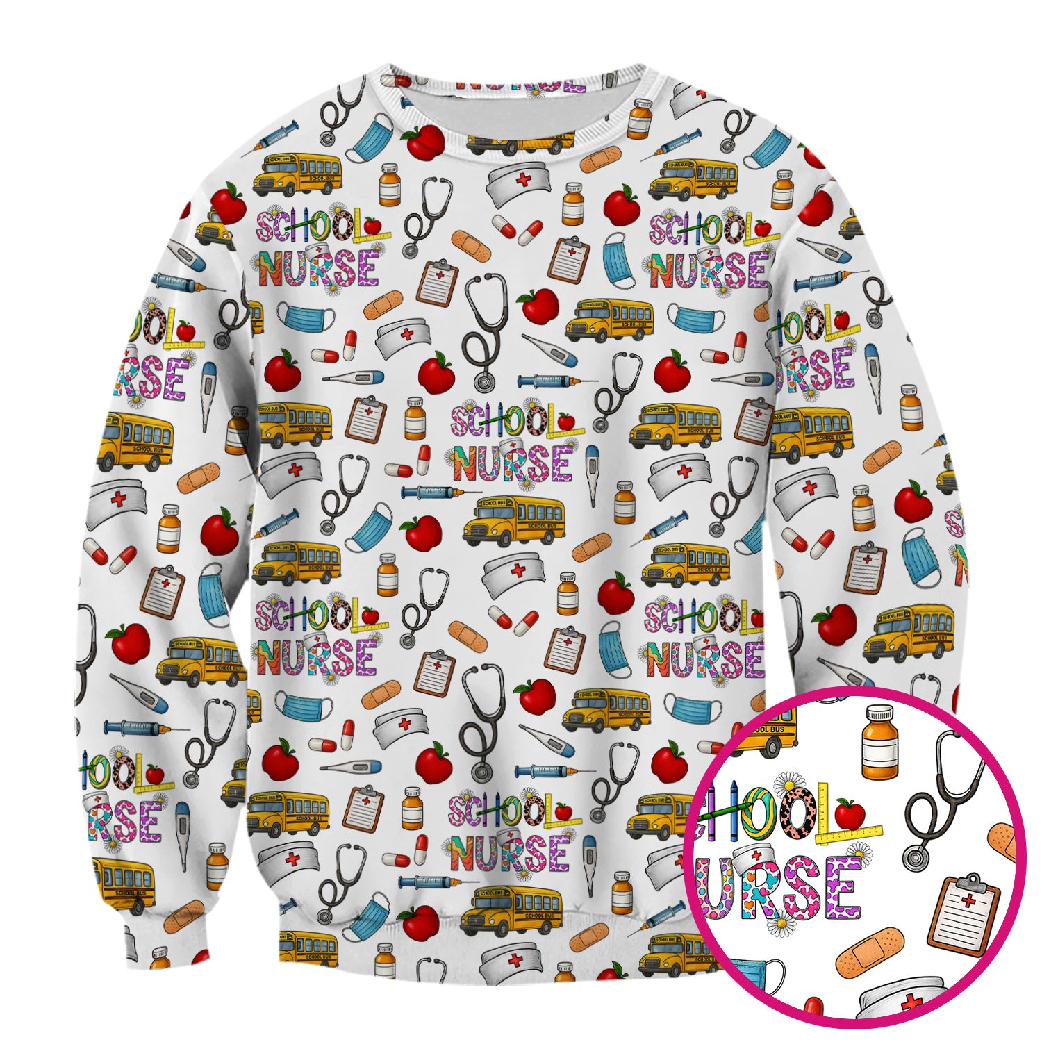 Cute School Nurse Scrub Top - Funny School Bus & Stethoscope Pattern Design - Gift for Women RN LPN