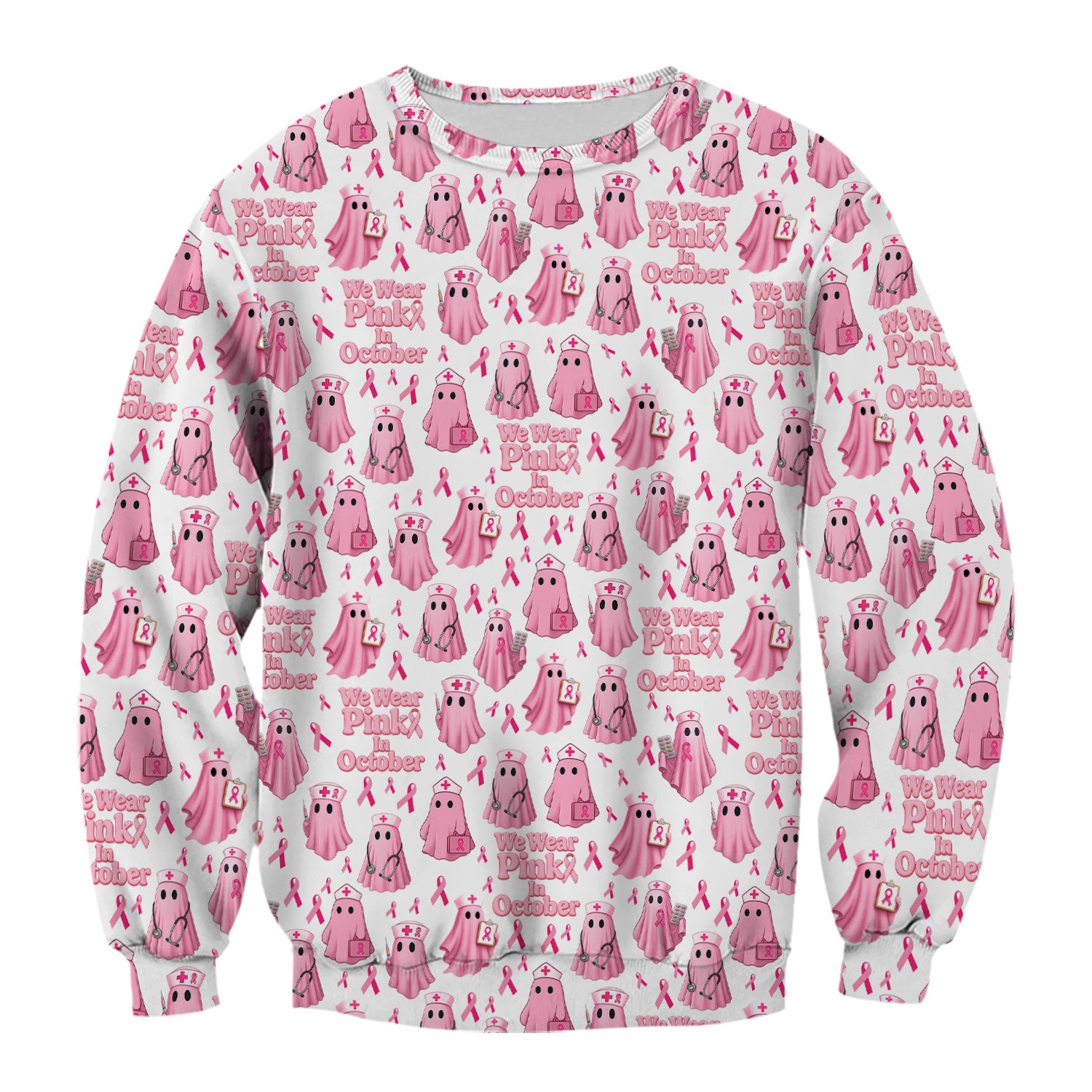 Funny Breast Cancer Awareness Scrub Top - We Wear Pink In October & Ghost Nurse Design - Gift for RN LPN CNA