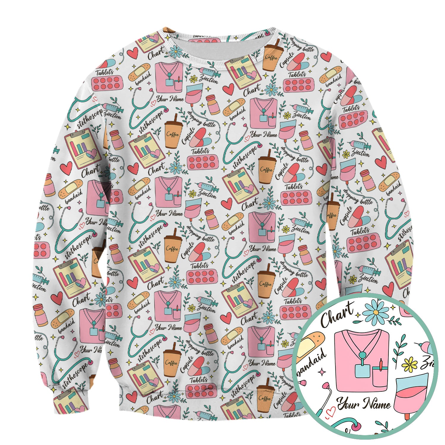 Cute Nurse Scrub - Colorful Medical Uniform Shirt with Coffee, Stethoscope & Pills - Fun RN LPN CNA Nursing Gift for Women
