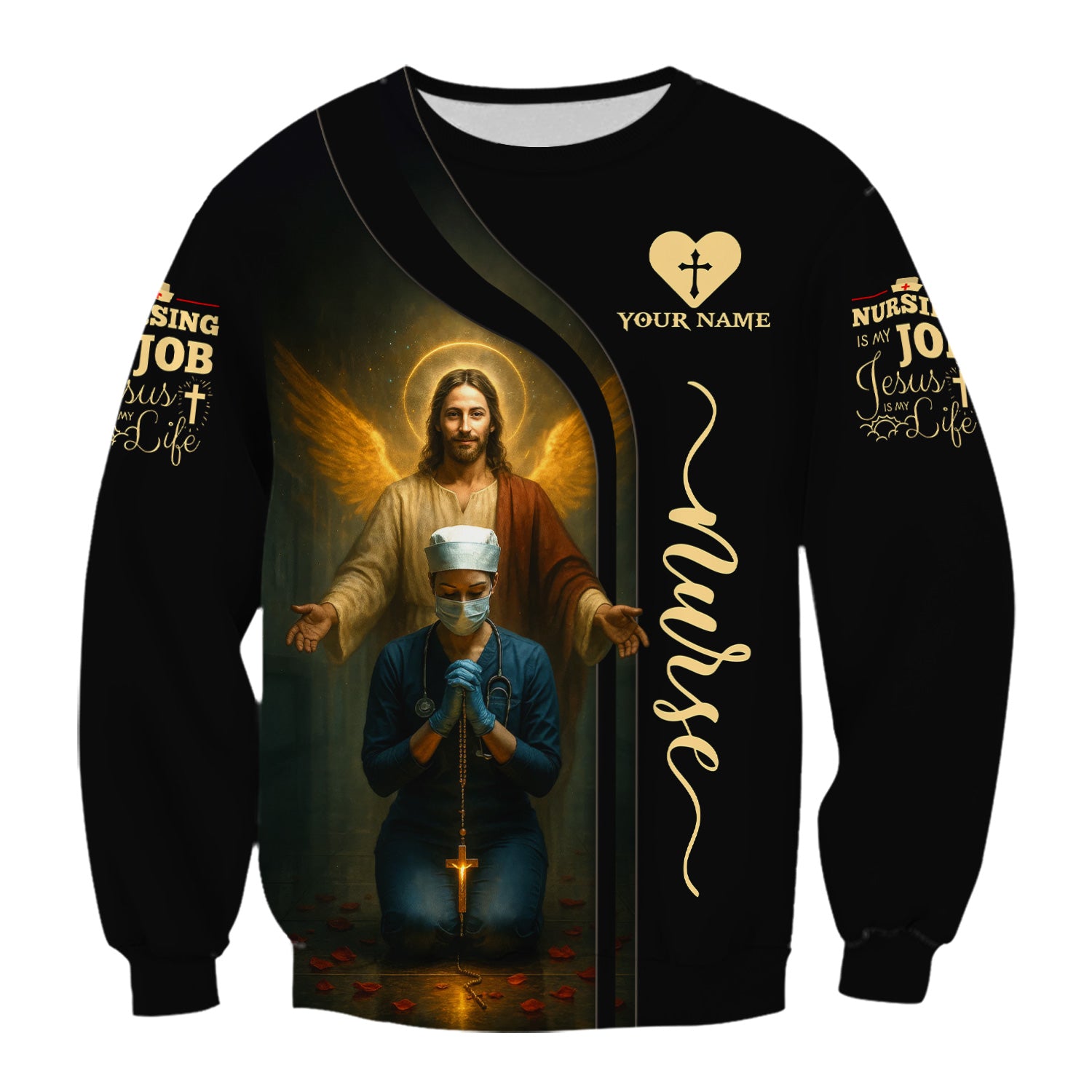 Custom Faith Nurse Scrub - Jesus Watching Over Praying Nurse Graphic Design - RN LPN CNA Healthcare Workers Gift