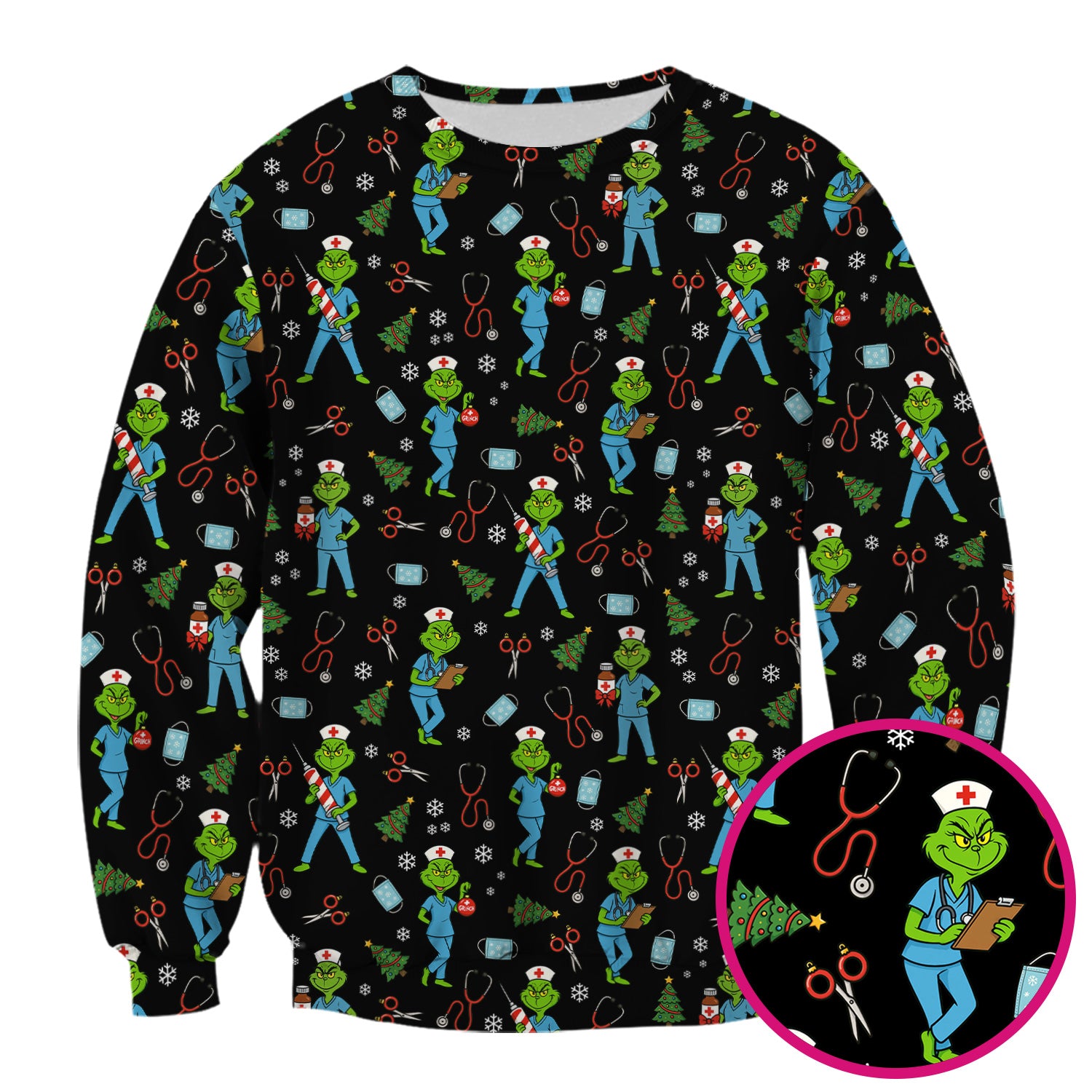 Grinch Christmas Scrub Top for Nurses - Funny Medical Workwear Top - RN LPN CNA Gift