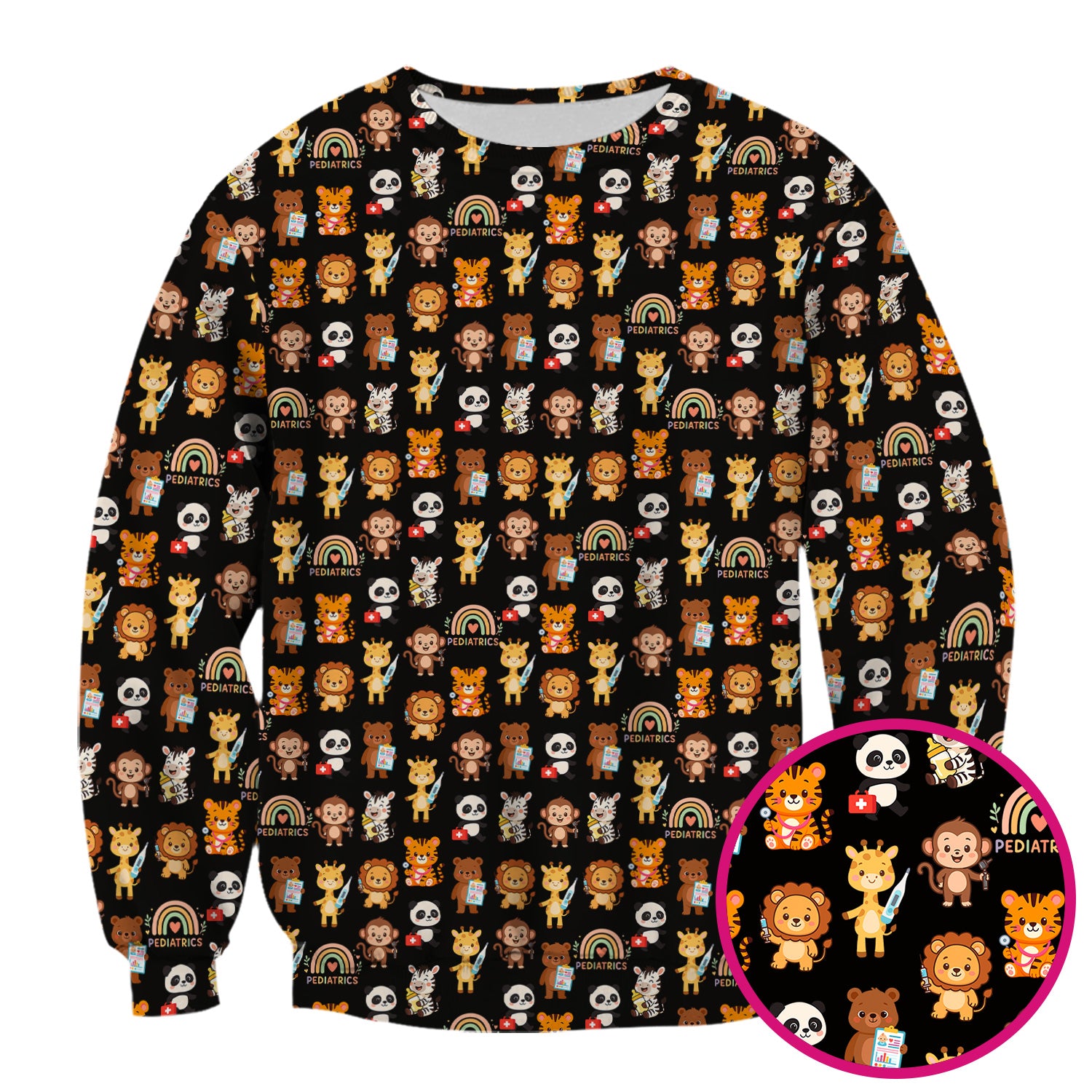 Cute Pediatric Nurse Scrub Top - Funny Zoo & Safari Animals Pattern Design - Gift for PEDS RN LPN