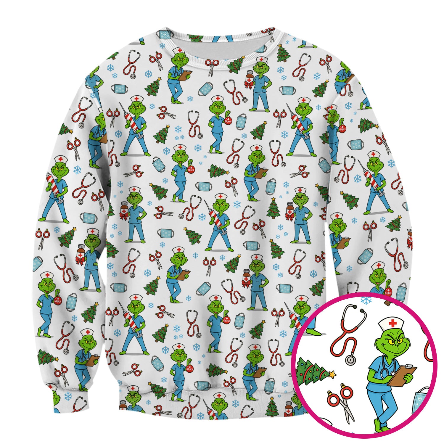 Grinch Christmas Scrub Top for Nurses - Funny Medical Workwear Top - RN LPN CNA Gift