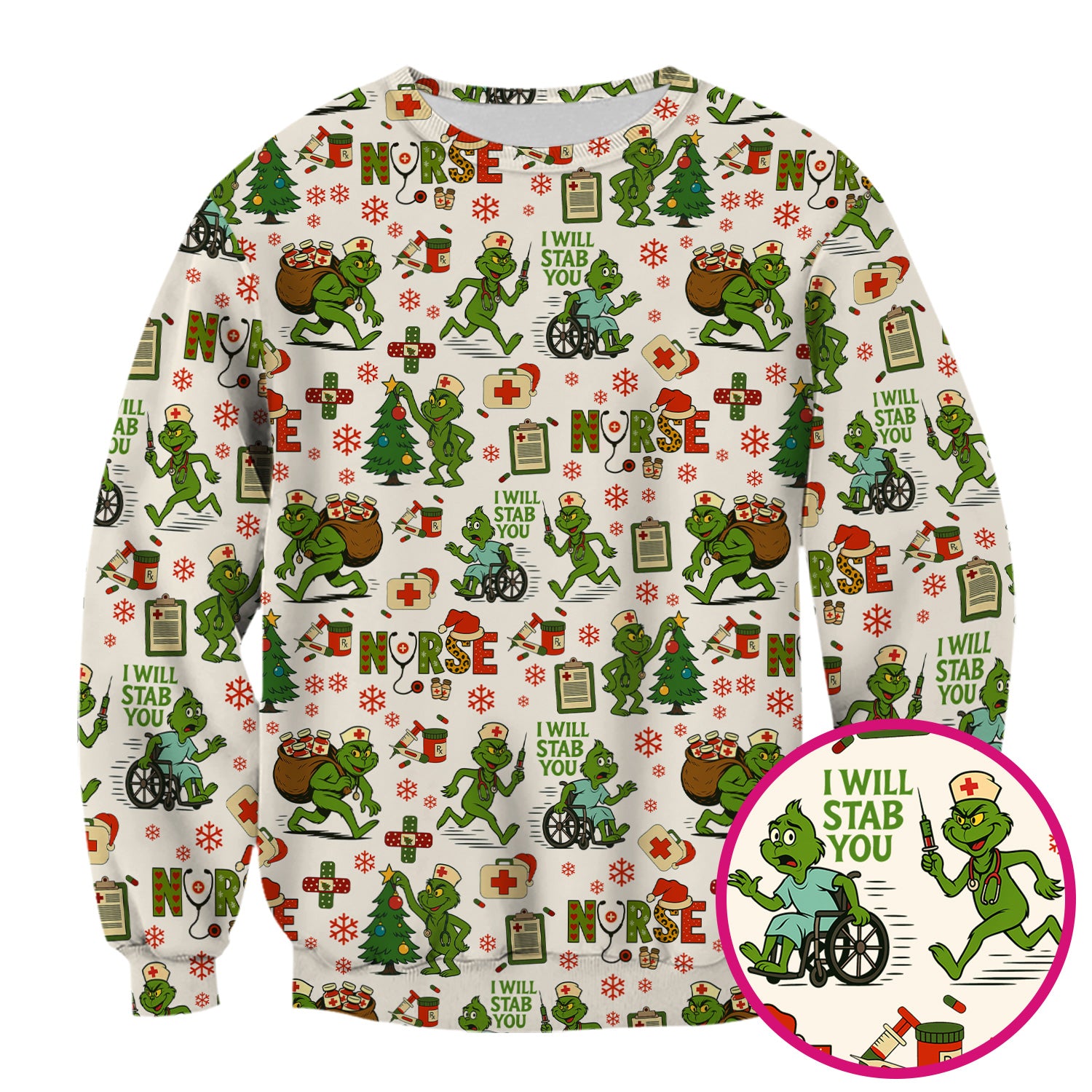Funny Grinch Nurse Scrub Top for Women - Christmas Scrub Shirt with I Will Stab You Quote - Cute Holiday Nursing Work Shirt with Pockets