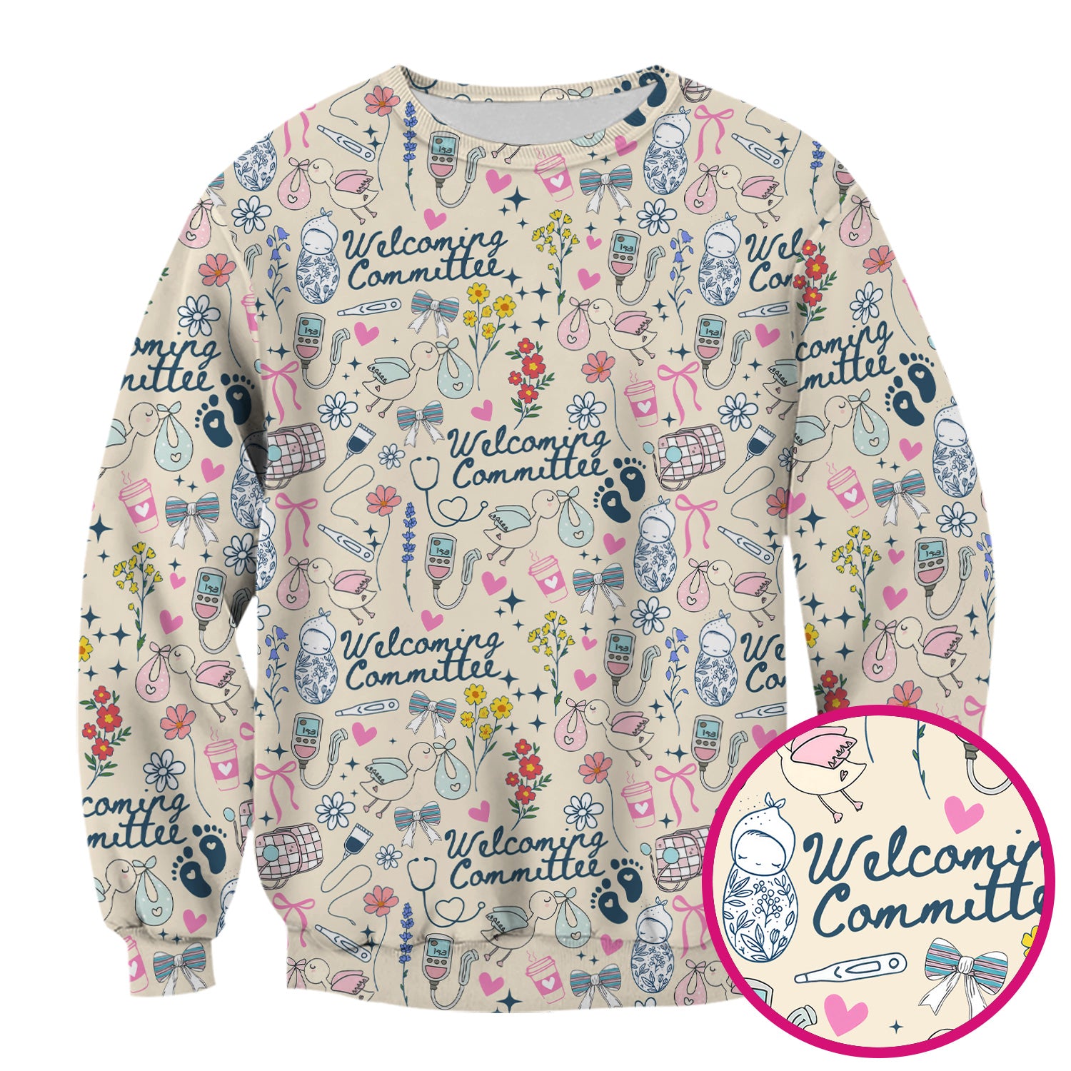 Funny NICU Nurse Tee - Cute Baby Feet & Floral Stork Pattern Graphic - Gift for Women RN LPN