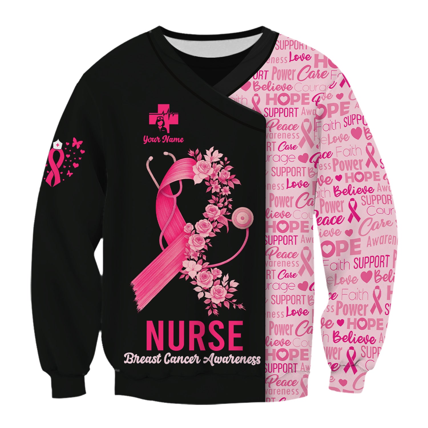 Personalized Breast Cancer Awareness Nurse Scrub Top - Pink Ribbon Medical Uniform Shirt For Women - Gift for CNA RN LPN
