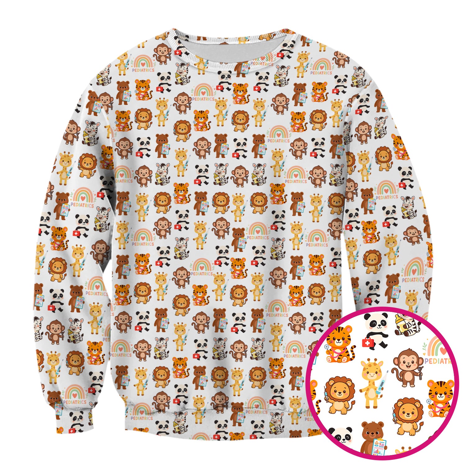 Funny Animal Nurse Scrub - Cute Zoo & Safari Animals Pattern Design - Gift for PEDS RN LPN