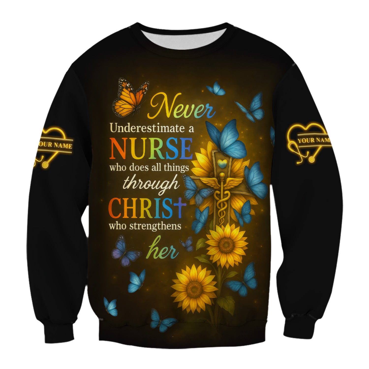 Custom Faith Nurse Sunflower Shirt - All Things Through Christ & Butterfly Cross Graphic - Gift for Women RN LPN & Medical Students