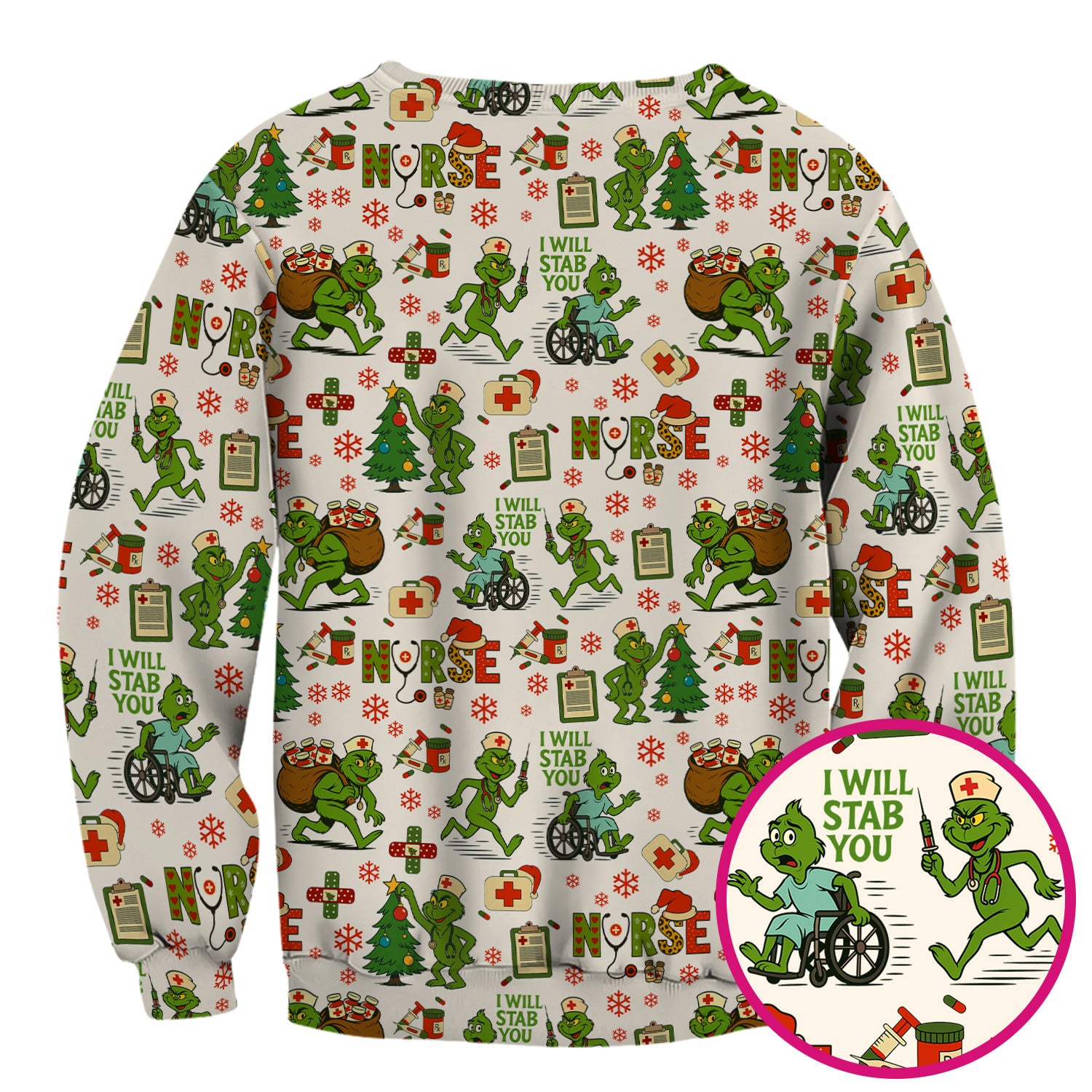 Funny Grinch Nurse Scrub Top for Women - Christmas Scrub Shirt with I Will Stab You Quote - Cute Holiday Nursing Work Shirt with Pockets