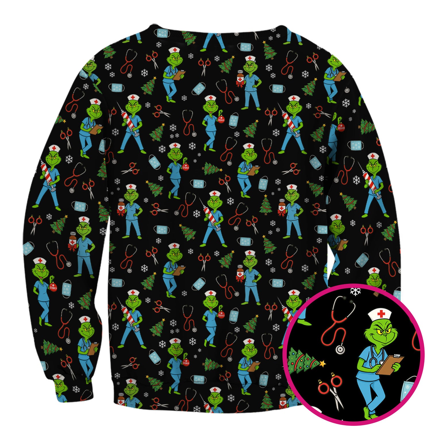 Grinch Christmas Scrub Top for Nurses - Funny Medical Workwear Top - RN LPN CNA Gift