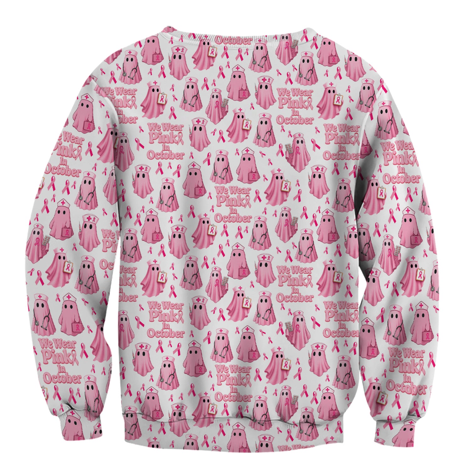 Funny Breast Cancer Awareness Scrub Top - We Wear Pink In October & Ghost Nurse Design - Gift for RN LPN CNA