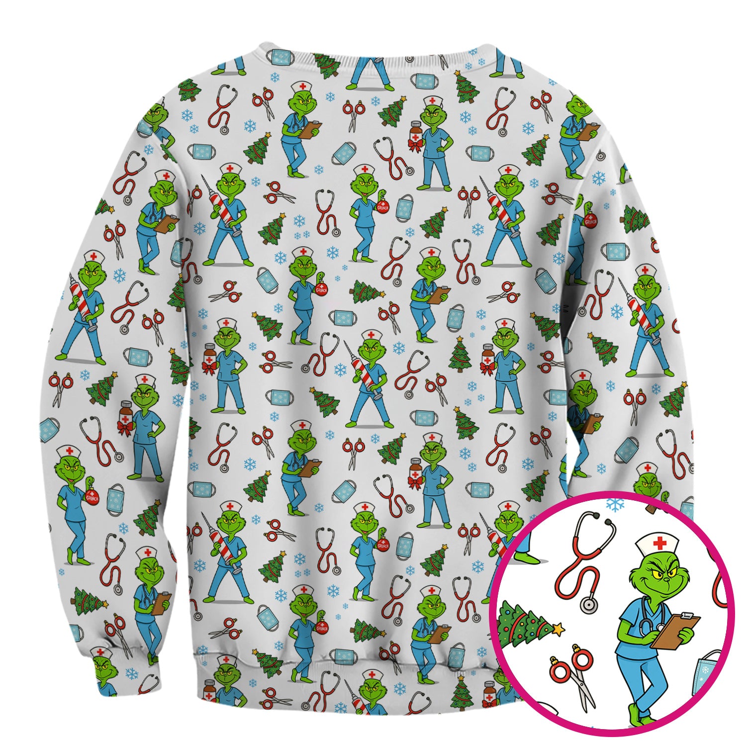 Grinch Christmas Scrub Top for Nurses - Funny Medical Workwear Top - RN LPN CNA Gift