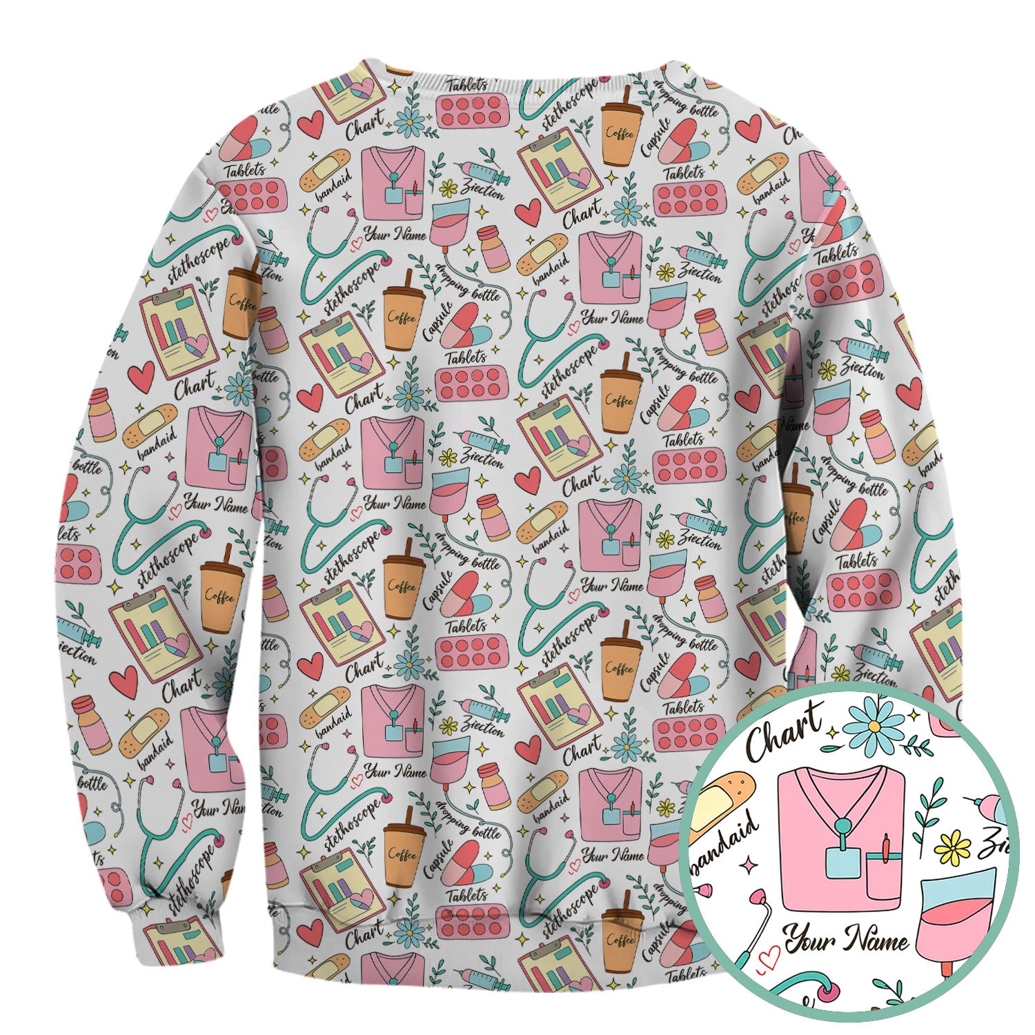 Cute Nurse Scrub - Colorful Medical Uniform Shirt with Coffee, Stethoscope & Pills - Fun RN LPN CNA Nursing Gift for Women