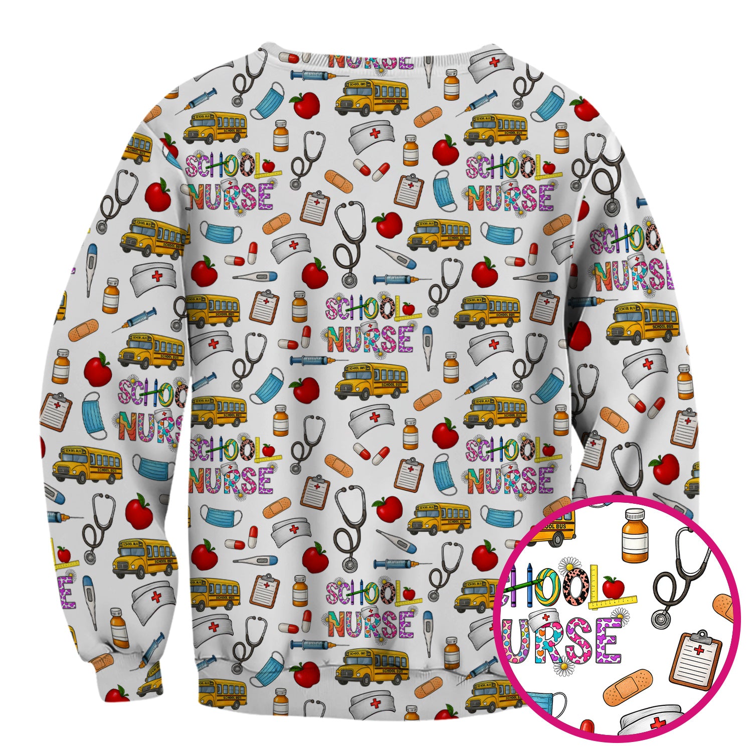 Cute School Nurse Scrub Top - Funny School Bus & Stethoscope Pattern Design - Gift for Women RN LPN