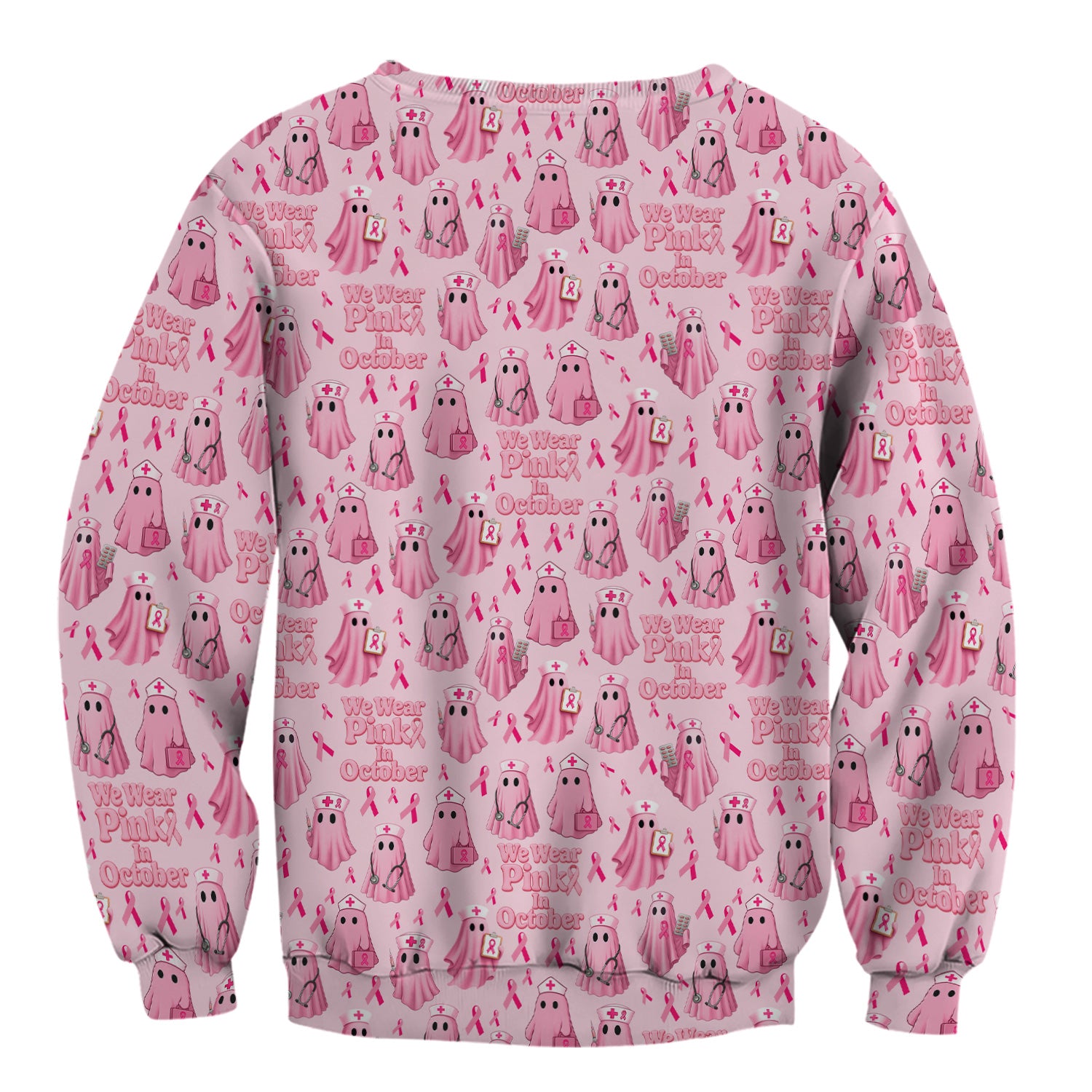 Funny Breast Cancer Awareness Scrub Top - We Wear Pink In October & Ghost Nurse Design - Gift for RN LPN CNA