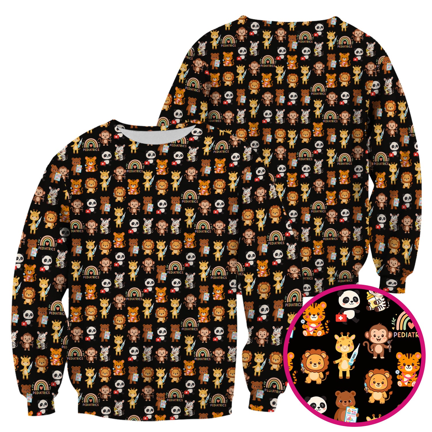 Cute Pediatric Nurse Scrub Top - Funny Zoo & Safari Animals Pattern Design - Gift for PEDS RN LPN