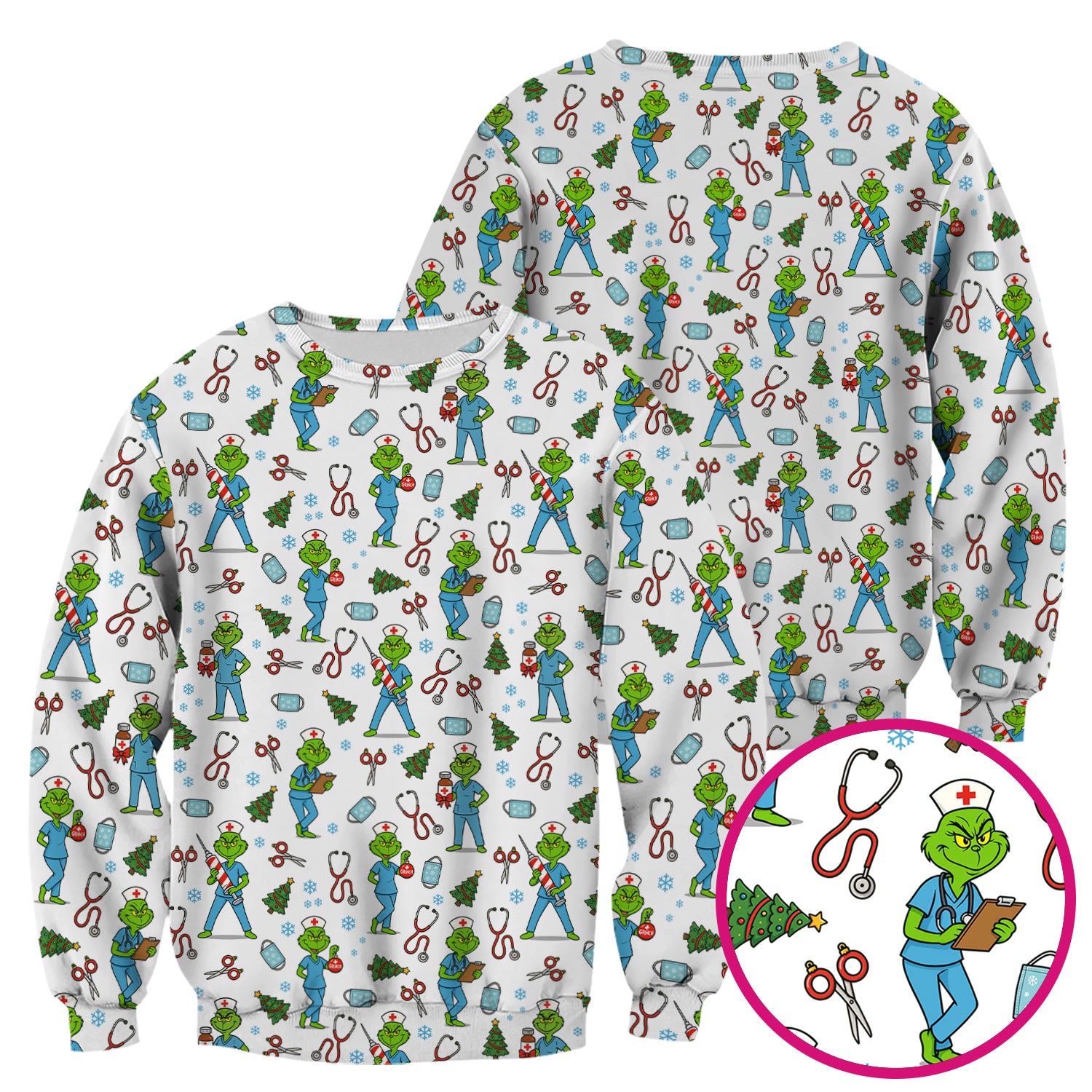 Grinch Christmas Scrub Top for Nurses - Funny Medical Workwear Top - RN LPN CNA Gift