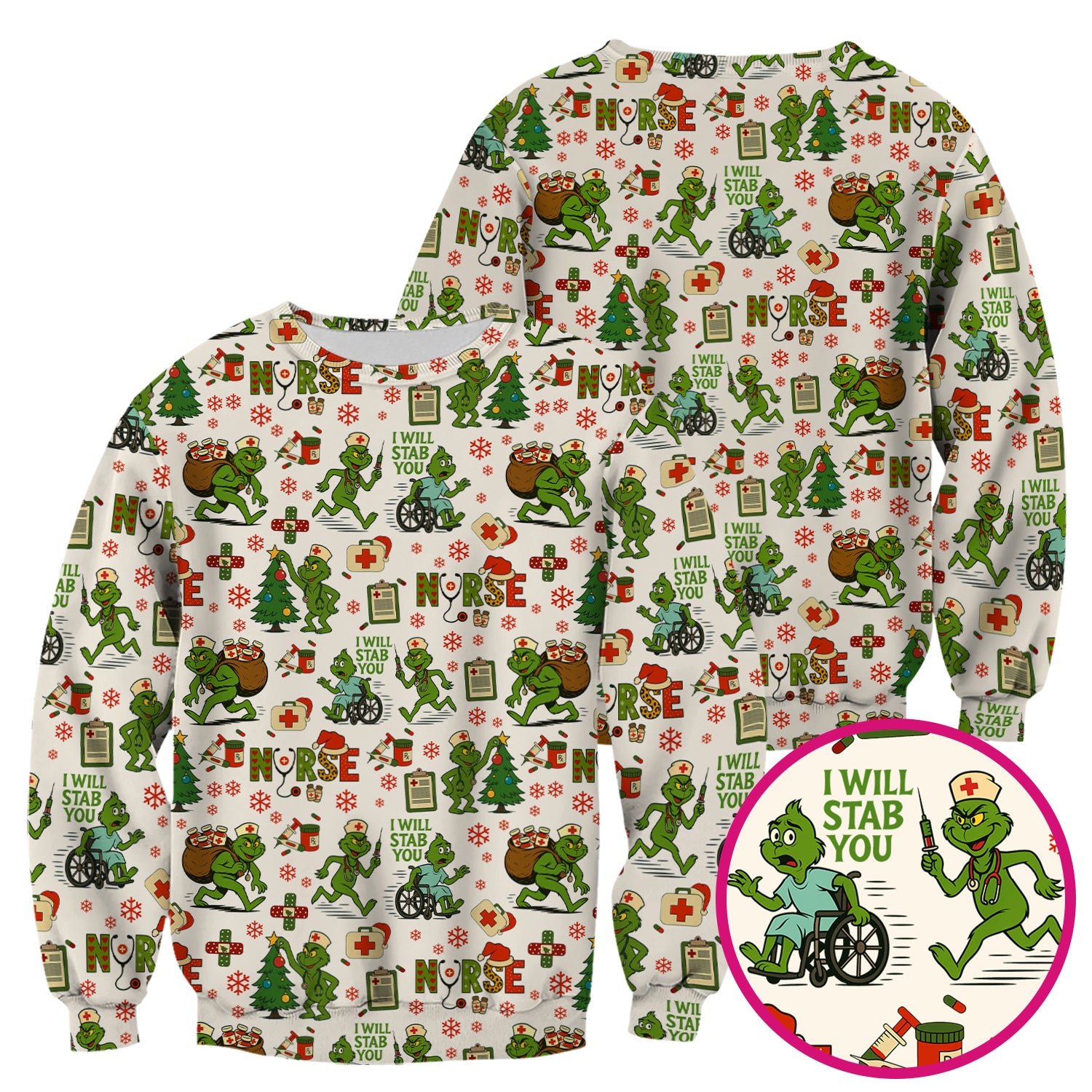 Funny Grinch Nurse Scrub Top for Women - Christmas Scrub Shirt with I Will Stab You Quote - Cute Holiday Nursing Work Shirt with Pockets