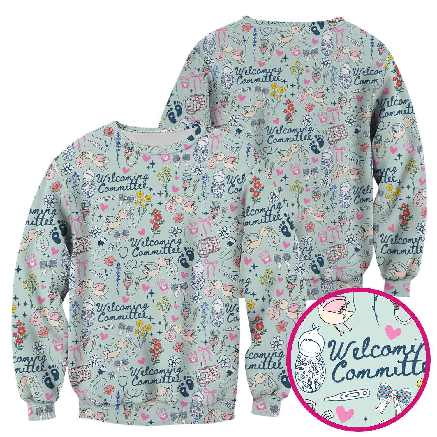Funny NICU Nurse Tee - Cute Baby Feet & Floral Stork Pattern Graphic - Gift for Women RN LPN