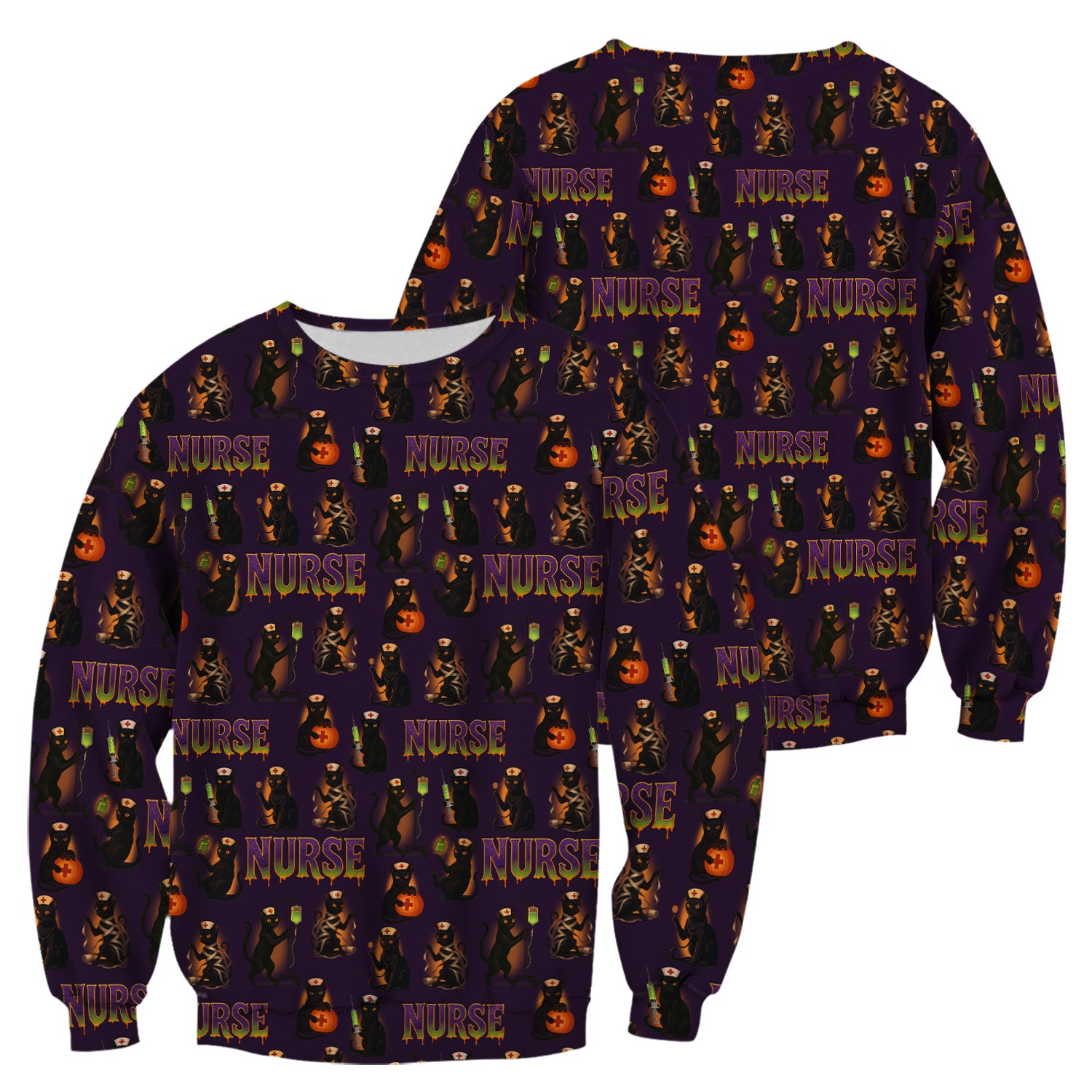 Halloween Nurse Scrub Top for Women - Cute Black Cat and Pumpkin Medical Design - Spooky Gift for RN LPN CNA