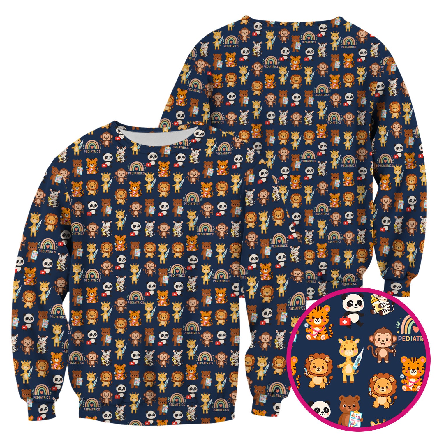 Funny Animal Nurse Scrub - Cute Zoo & Safari Animals Pattern Design - Gift for PEDS RN LPN