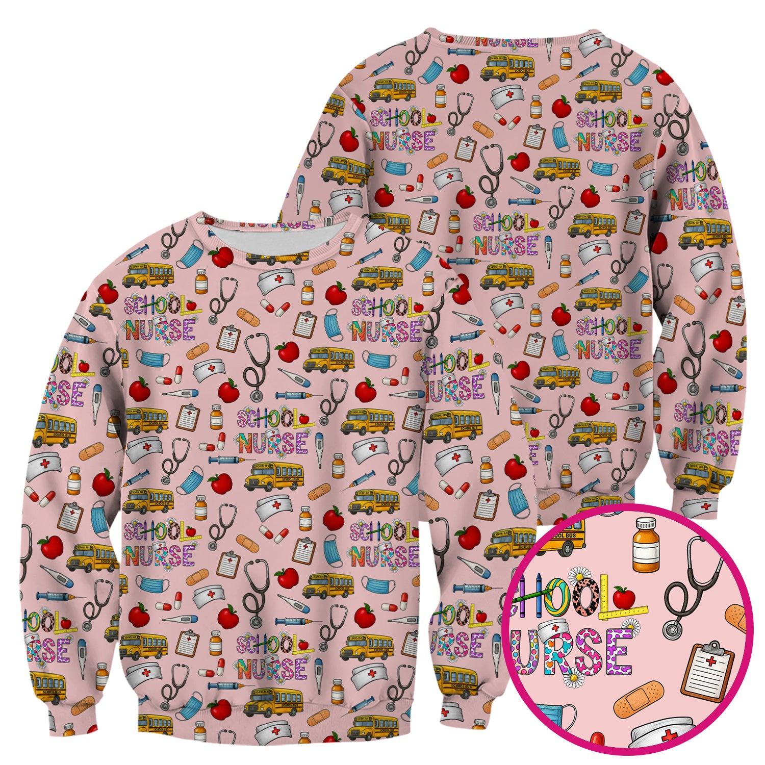 Cute School Nurse Scrub Top - Funny School Bus & Stethoscope Pattern Design - Gift for Women RN LPN