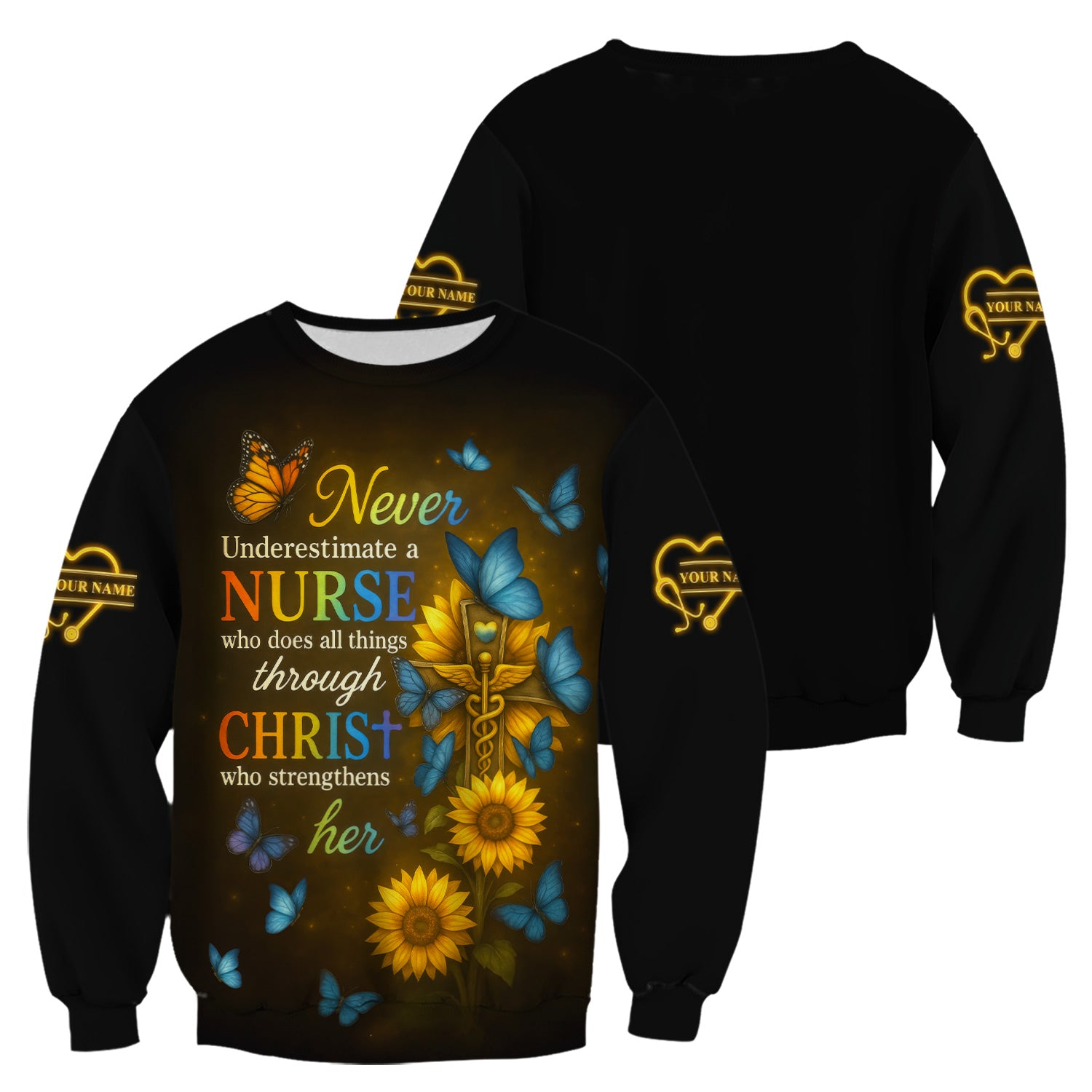 Custom Faith Nurse Sunflower Shirt - All Things Through Christ & Butterfly Cross Graphic - Gift for Women RN LPN & Medical Students