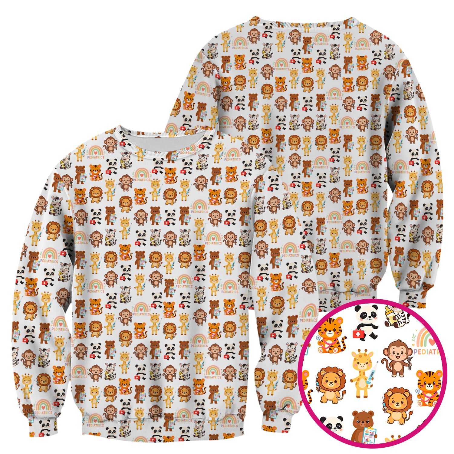 Funny Animal Nurse Scrub - Cute Zoo & Safari Animals Pattern Design - Gift for PEDS RN LPN