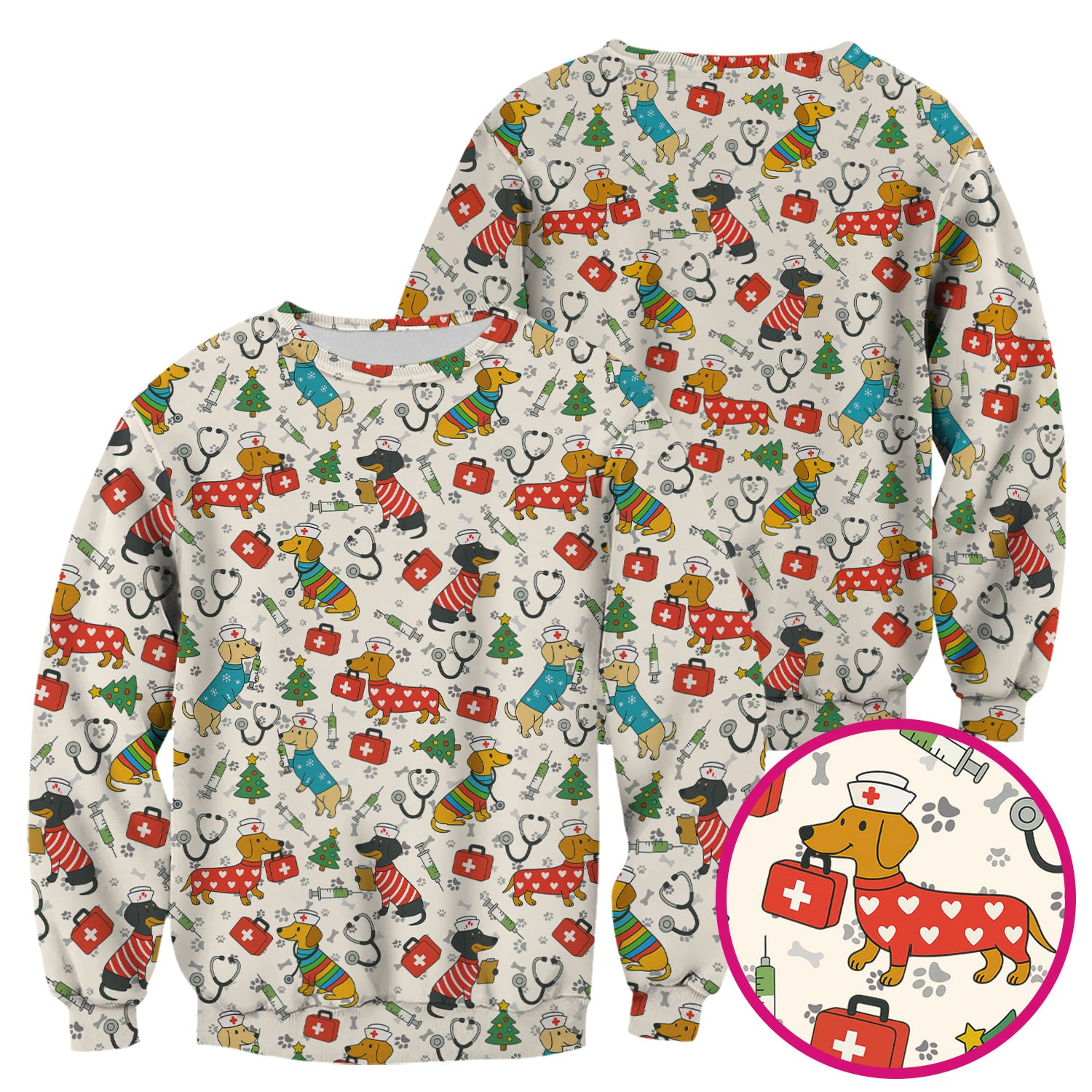 Christmas Dachshund Scrub Top - Funny Dog Nurse Scrubs Multi Color - Holiday Scrub Shirt Gift for Women Men, CNA, RN, Medical Professional