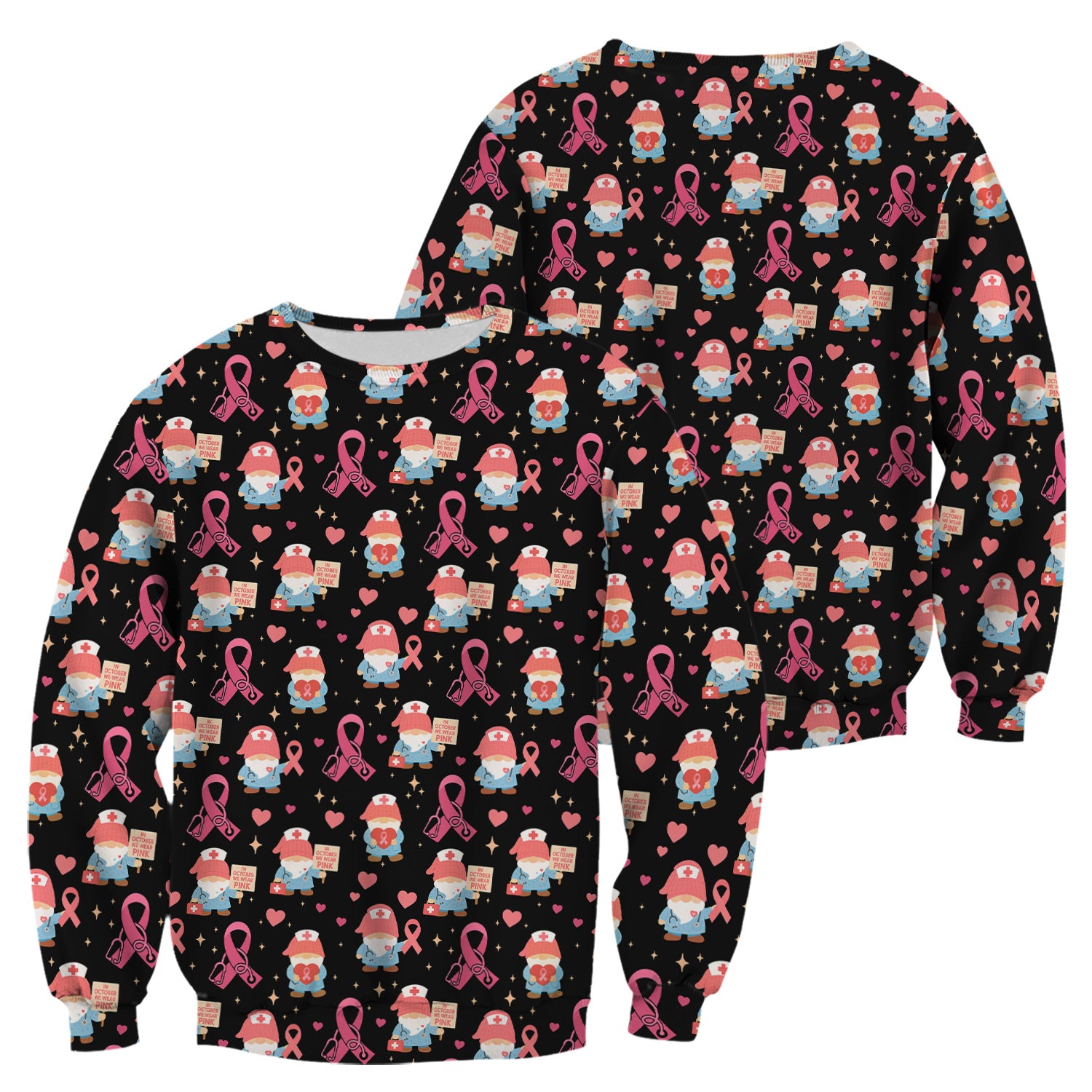 Breast Cancer Awareness Nurse Scrub - Pink Ribbon Nursing Top with Gnome - Gift for Healthcare Workers RN LPN